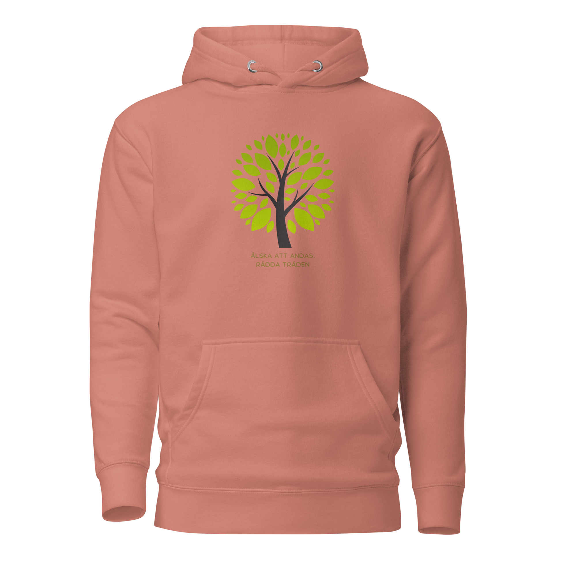 Gammelrosa unisex hoodie med stiliserat träd i gröna nyanser och texten “Älska att andas. Rädda träden.” tryckt på framsidan.
Dusty rose unisex hoodie with a stylized green tree and the text “Love to breathe. Save the trees.” printed on the front.