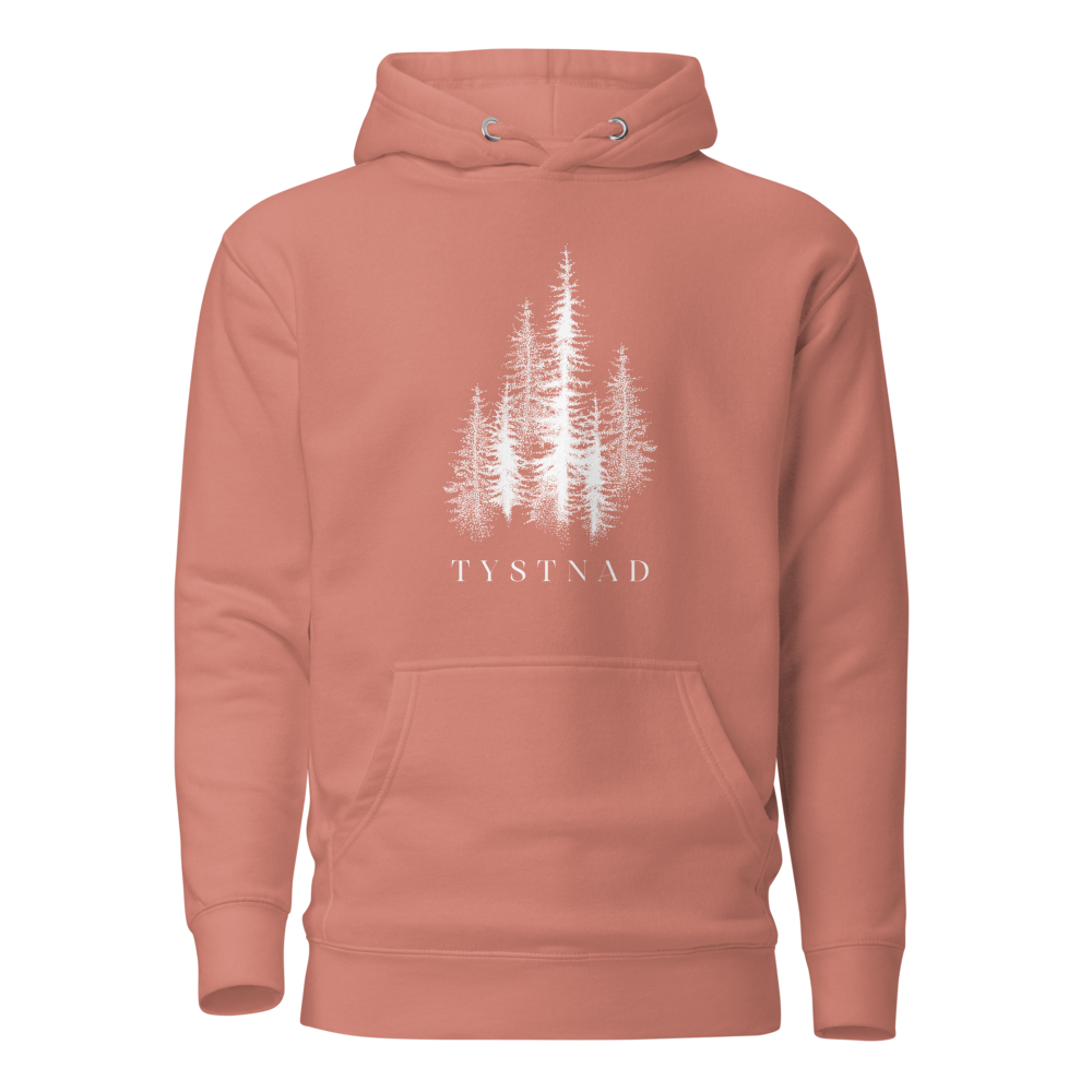 Gammelrosa unisex premium hoodie med tryckta granar och texten Tystnad. Dusty rose unisex premium hoodie with printed pine trees and the word  "Tystnad" on the chest.