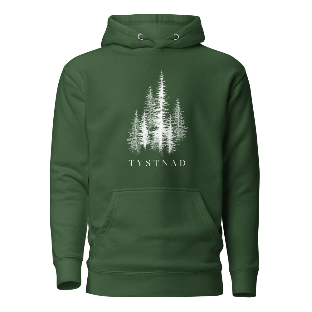 Skogsgrön unisex premium hoodie med tryckta granar och texten Tystnad. Forest green unisex premium hoodie with printed pine trees and the word  "Tystnad" on the chest.
