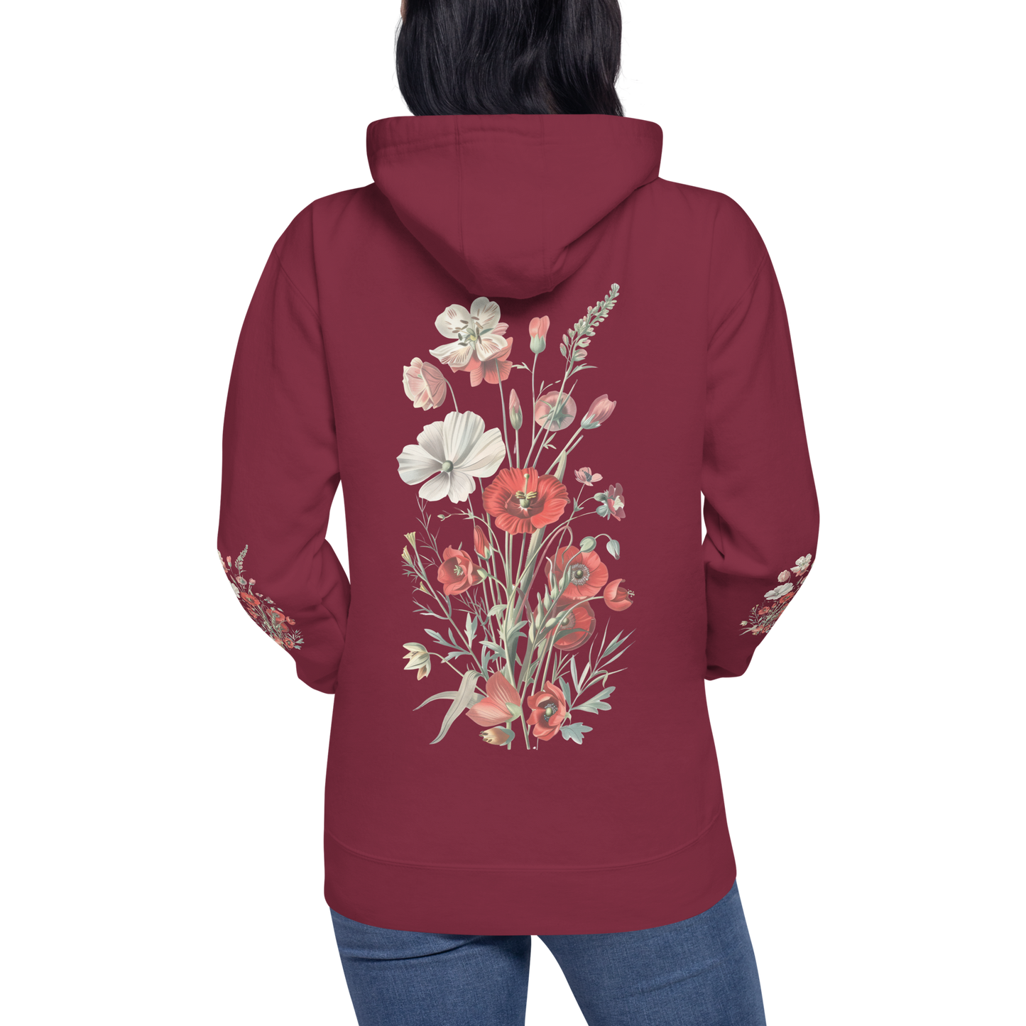 Unisex Premium Hoodie – Vilda Blommor i Rött
