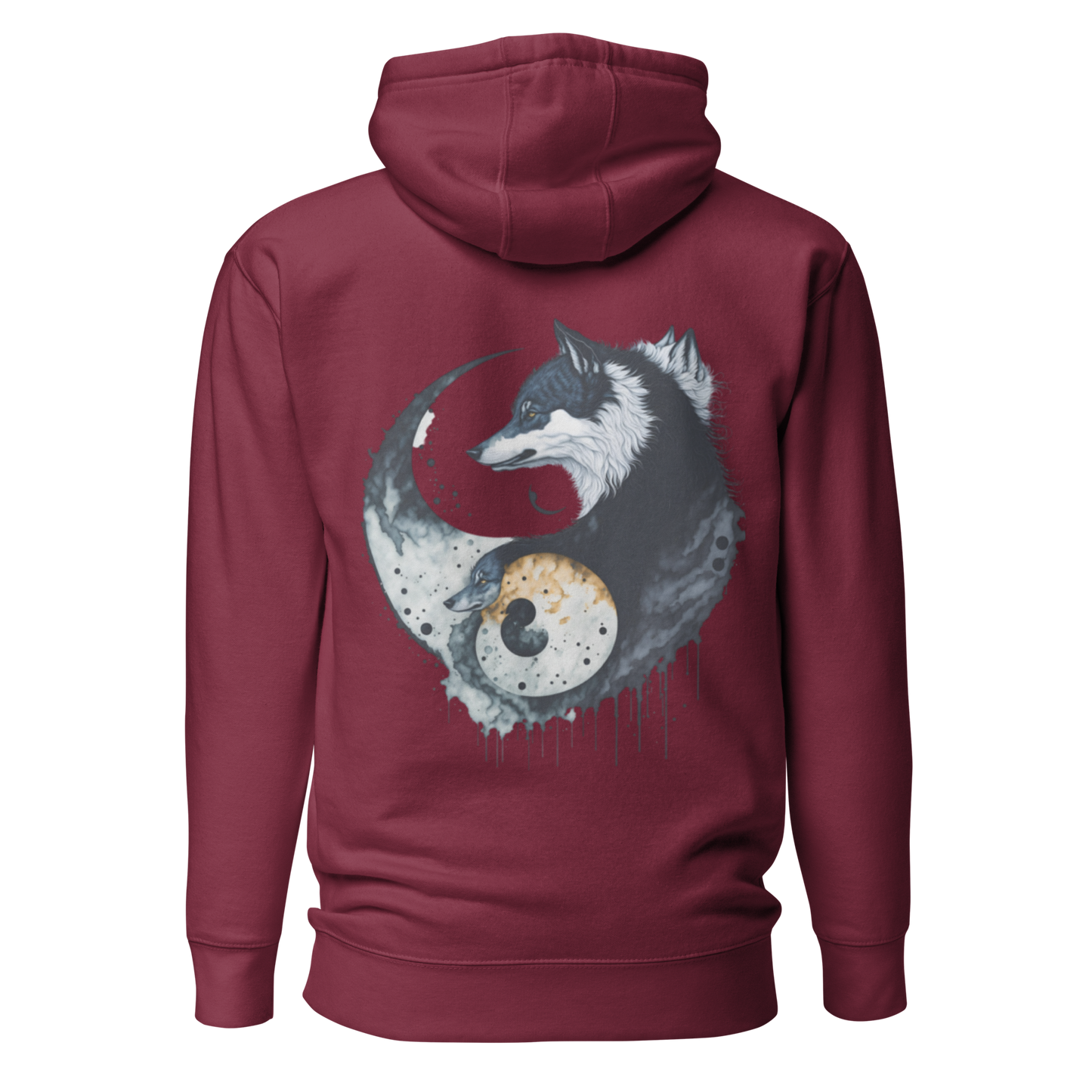 Vinröd svart unisex hoodie med ett konstnärligt yin-yang-motiv av två vargar i mörka och ljusa toner tryckt på ryggen.
Maroon unisex hoodie with an artistic yin-yang design featuring two wolves in dark and light tones printed on the back.