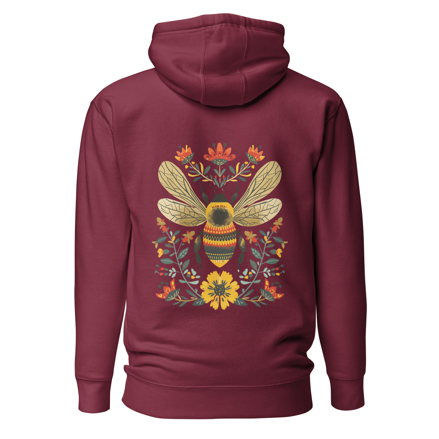 Vinröd unisex hoodie med ett färgstarkt handritat bimotiv och blommor i folkart-stil tryckt på ryggen.
Maroon hoodie with a colorful hand-drawn bee and floral folk art-style print on the back.