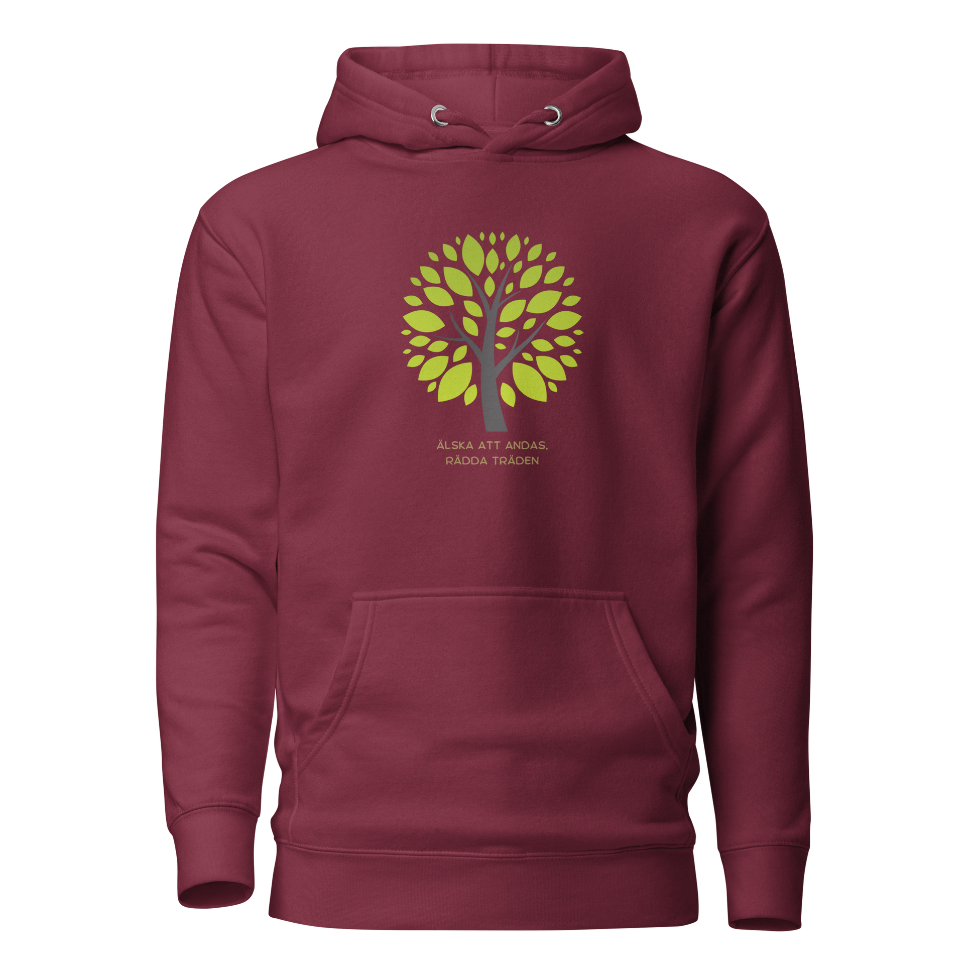 Vinröd unisex hoodie med stiliserat träd i gröna nyanser och texten “Älska att andas. Rädda träden.” tryckt på framsidan.
Maroon unisex hoodie with a stylized green tree and the text “Love to breathe. Save the trees.” printed on the front.