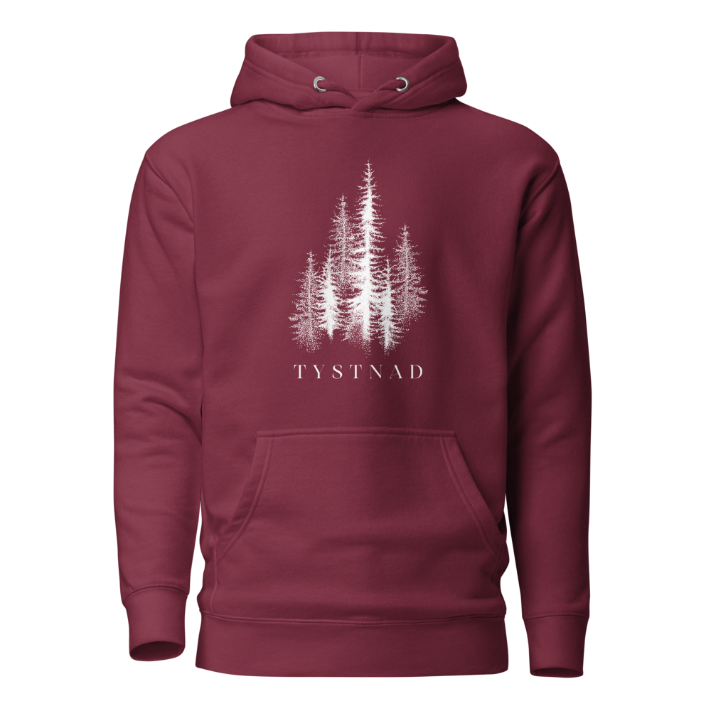 Vinröd unisex premium hoodie med tryckta granar och texten Tystnad. Maroon unisex premium hoodie with printed pine trees and the word  "Tystnad" on the chest.