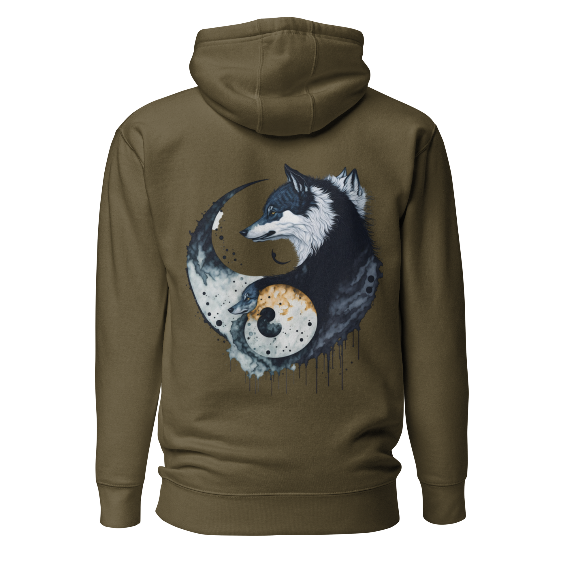 Militärgrön unisex hoodie med ett konstnärligt yin-yang-motiv av två vargar i mörka och ljusa toner tryckt på ryggen.
Military green unisex hoodie with an artistic yin-yang design featuring two wolves in dark and light tones printed on the back.