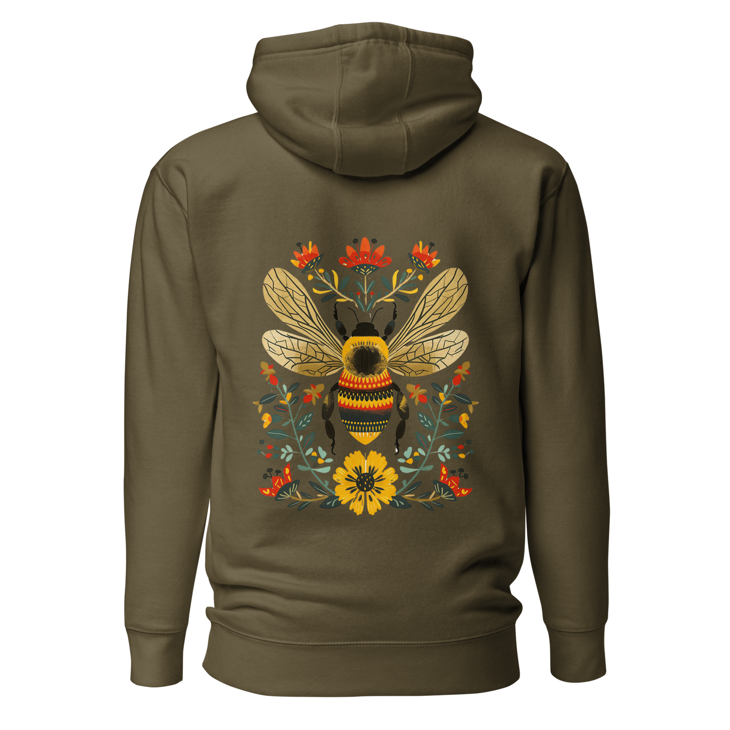 Militärgrön unisex hoodie med ett färgstarkt handritat bimotiv och blommor i folkart-stil tryckt på ryggen.
Military green unisex hoodie with a colorful hand-drawn bee and floral folk art-style print on the back.