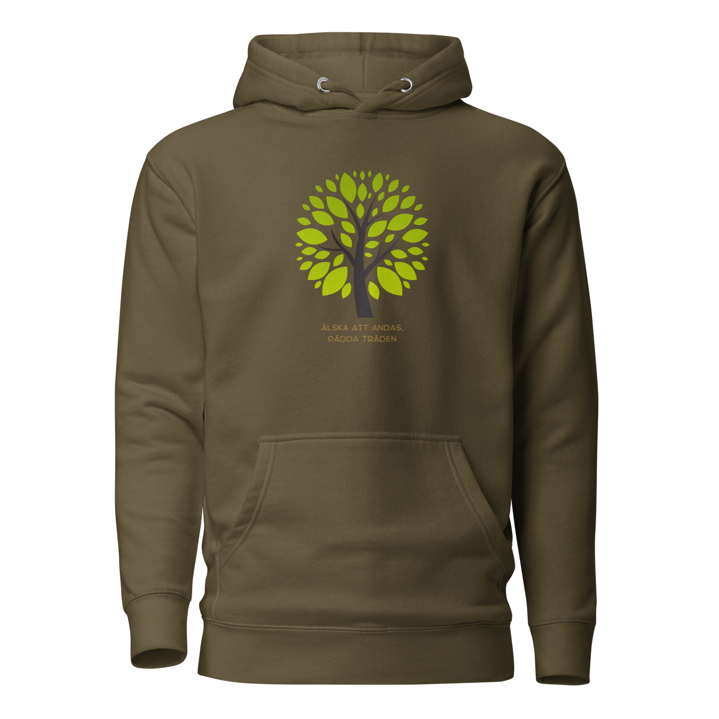 Militärgrön unisex hoodie med stiliserat träd i gröna nyanser och texten “Älska att andas. Rädda träden.” tryckt på framsidan.
Military green unisex hoodie with a stylized green tree and the text “Love to breathe. Save the trees.” printed on the front.