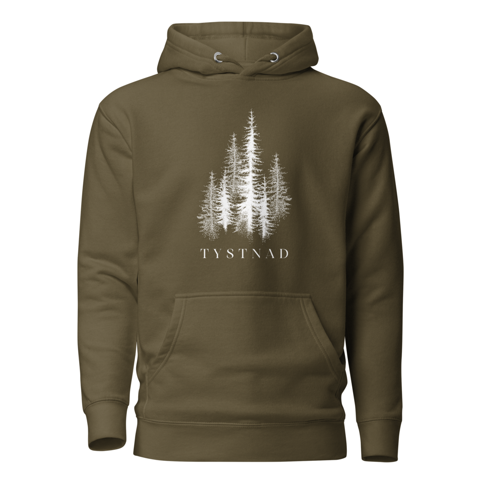 Militärgrön unisex premium hoodie med tryckta granar och texten Tystnad. Military green unisex premium hoodie with printed pine trees and the word  "Tystnad" on the chest.