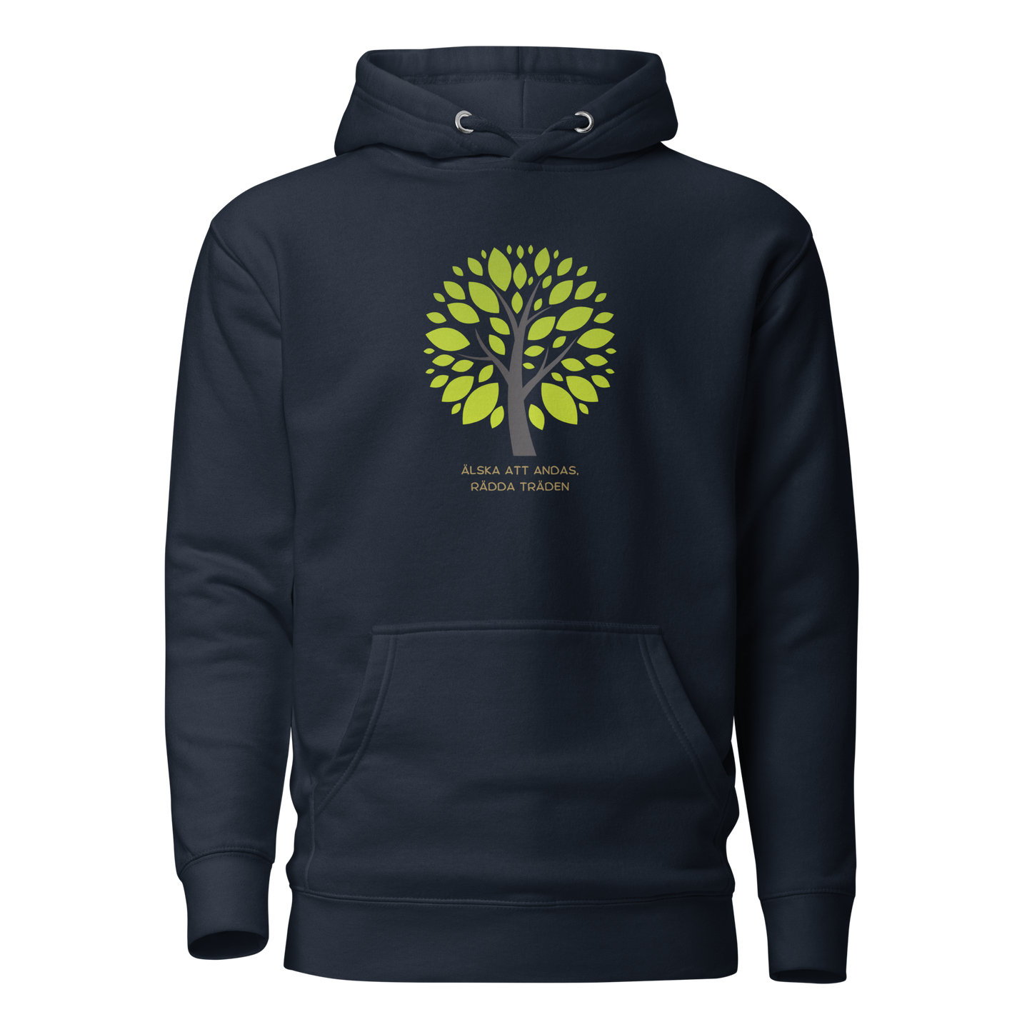 Marinblå unisex hoodie med stiliserat träd i gröna nyanser och texten “Älska att andas. Rädda träden.” tryckt på framsidan.
Navy unisex hoodie with a stylized green tree and the text “Love to breathe. Save the trees.” printed on the front.