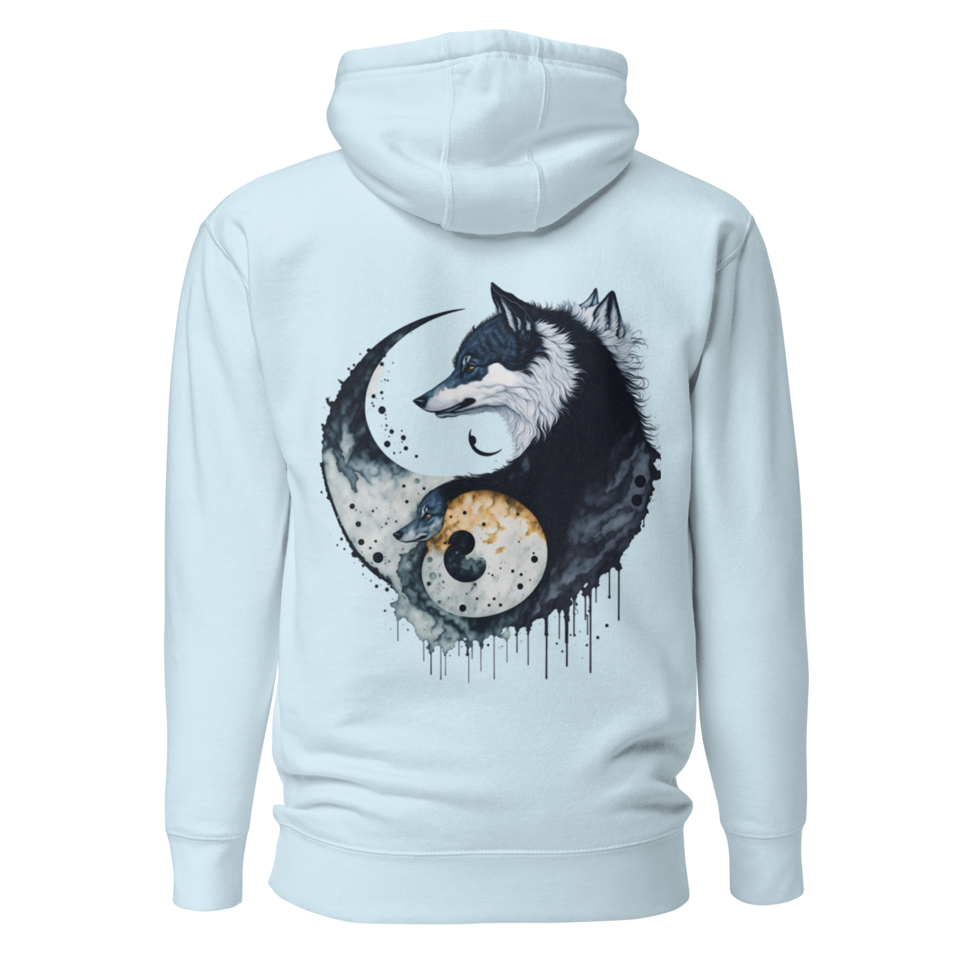 Himmelblå unisex hoodie med ett konstnärligt yin-yang-motiv av två vargar i mörka och ljusa toner tryckt på ryggen.
Sky blue unisex hoodie with an artistic yin-yang design featuring two wolves in dark and light tones printed on the back.