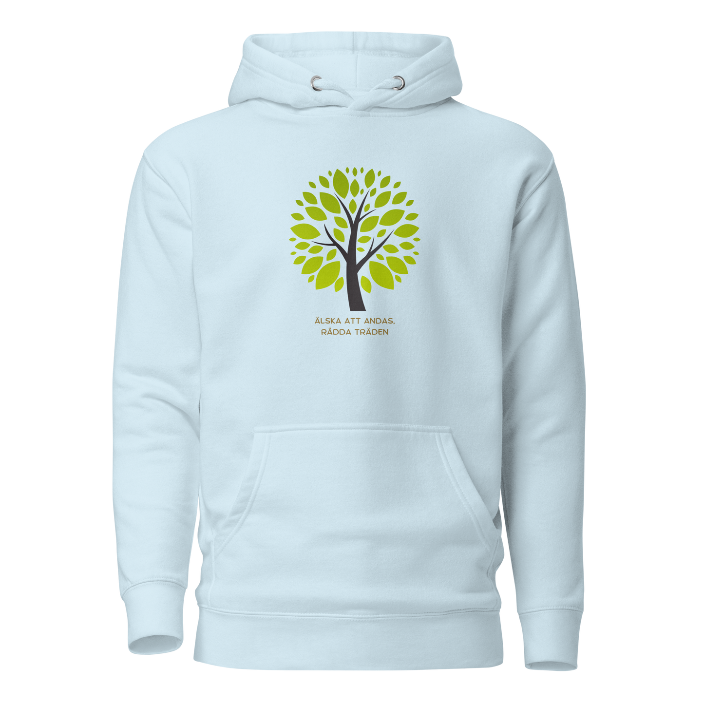 Himmelblå unisex hoodie med stiliserat träd i gröna nyanser och texten “Älska att andas. Rädda träden.” tryckt på framsidan.
Sky blue unisex hoodie with a stylized green tree and the text “Love to breathe. Save the trees.” printed on the front.