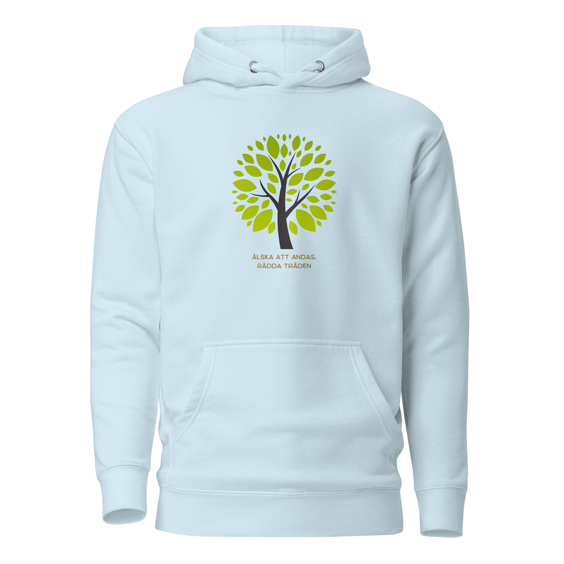 Himmelblå unisex hoodie med stiliserat träd i gröna nyanser och texten “Älska att andas. Rädda träden.” tryckt på framsidan.
Sky blue unisex hoodie with a stylized green tree and the text “Love to breathe. Save the trees.” printed on the front.