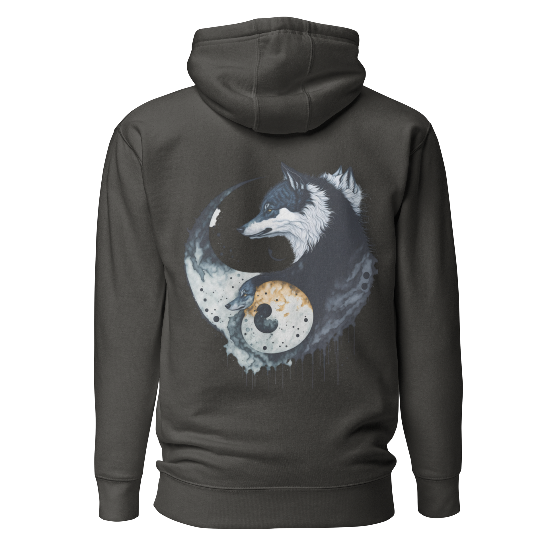 Vintage svart unisex hoodie med ett konstnärligt yin-yang-motiv av två vargar i mörka och ljusa toner tryckt på ryggen.
Vintage black unisex hoodie with an artistic yin-yang design featuring two wolves in dark and light tones printed on the back.
