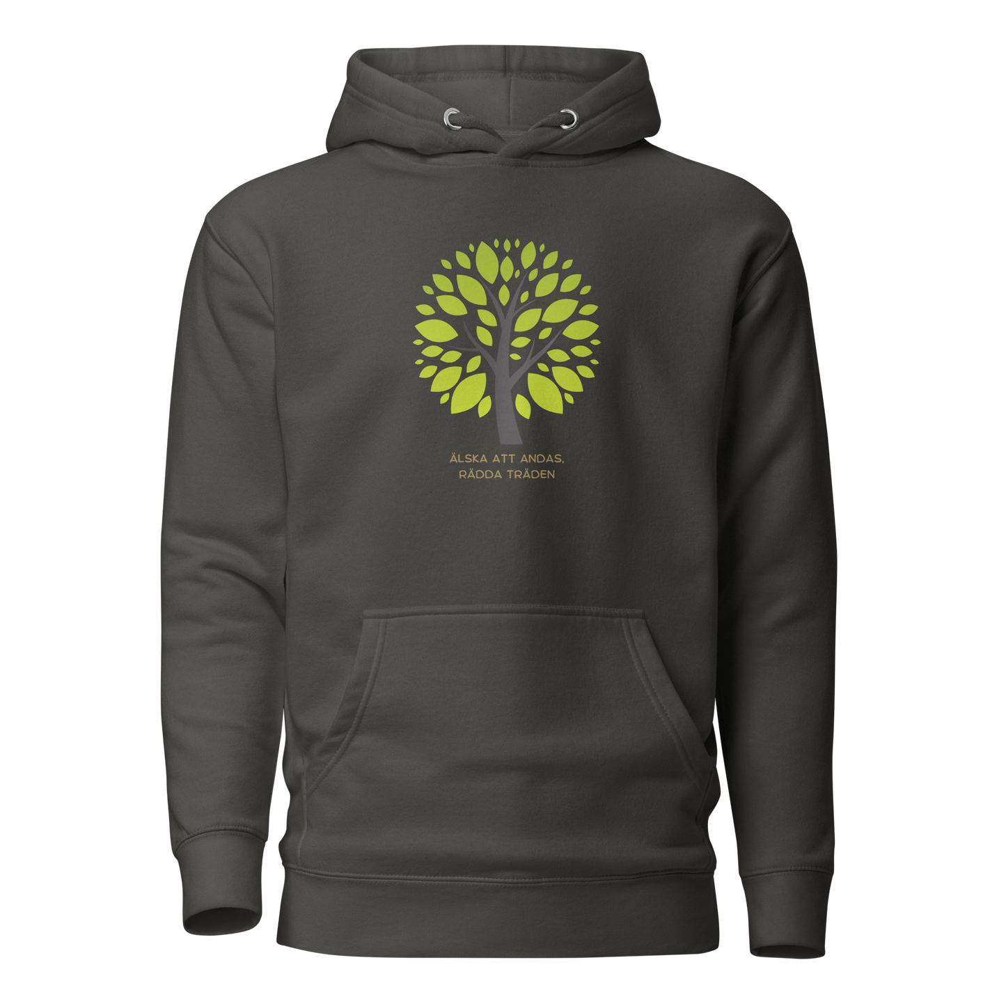 Vintage svart unisex hoodie med stiliserat träd i gröna nyanser och texten “Älska att andas. Rädda träden.” tryckt på framsidan.
Vintage black unisex hoodie with a stylized green tree and the text “Love to breathe. Save the trees.” printed on the front.