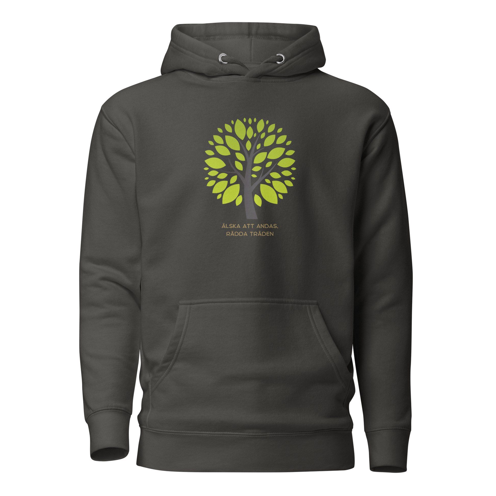 Vintage svart unisex hoodie med stiliserat träd i gröna nyanser och texten “Älska att andas. Rädda träden.” tryckt på framsidan.
Vintage black unisex hoodie with a stylized green tree and the text “Love to breathe. Save the trees.” printed on the front.