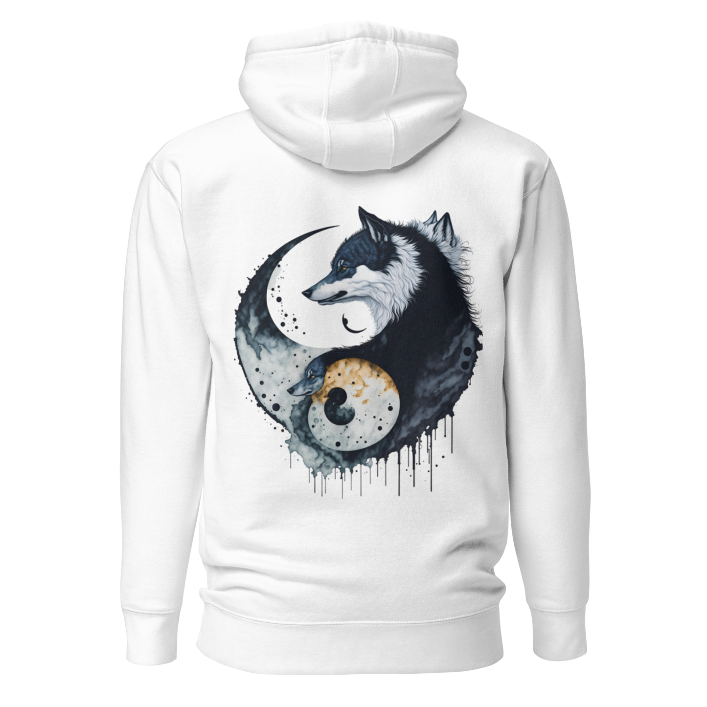 Vit svart unisex hoodie med ett konstnärligt yin-yang-motiv av två vargar i mörka och ljusa toner tryckt på ryggen.
White unisex hoodie with an artistic yin-yang design featuring two wolves in dark and light tones printed on the back.