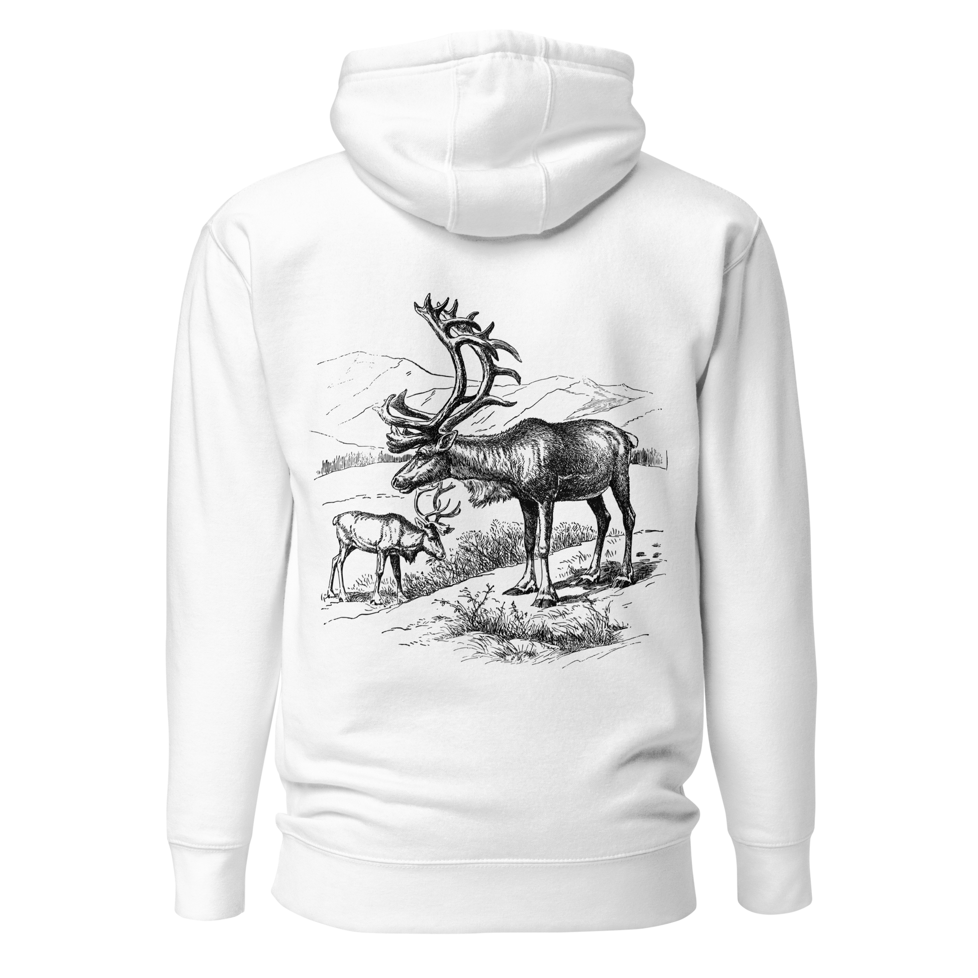 Vit unisex hoodie med ett detaljerat svartvitt tryck av två fjällrenar i ett bergslandskap på ryggen.
White unisex hoodie with a detailed black-and-white print of two mountain reindeer in an alpine landscape on the back.