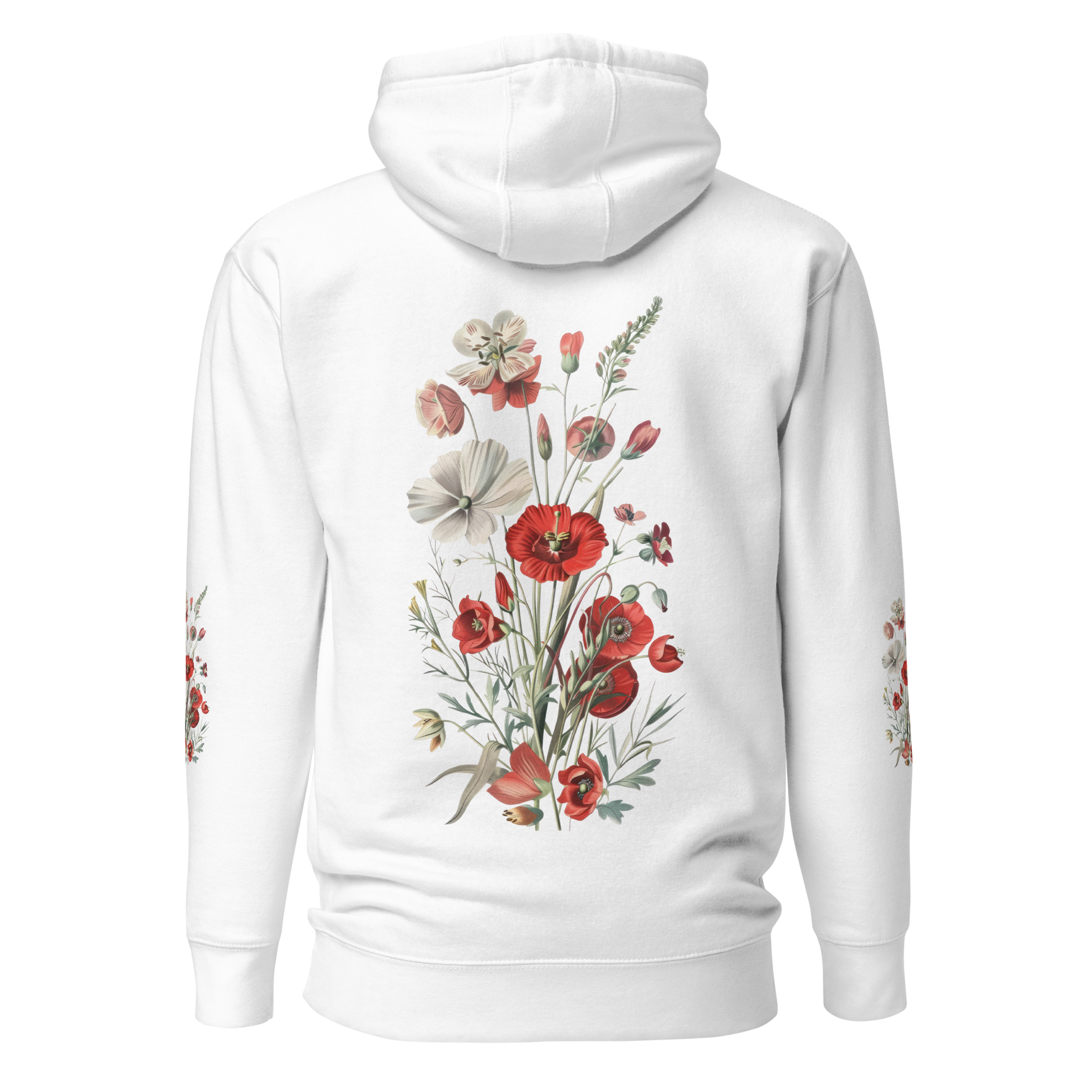 Vit unisex hoodie med detaljerade röda och vita vilda blommor tryckta på ryggen och båda ärmarna.
White unisex hoodie with detailed red and white wildflowers printed on the back and both sleeves.