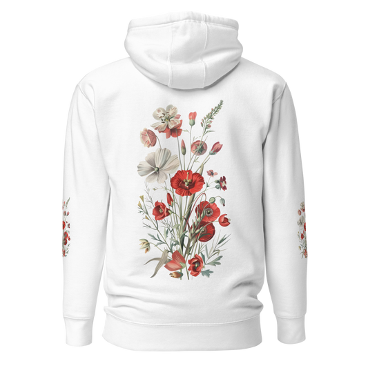 Vit unisex hoodie med detaljerade röda och vita vilda blommor tryckta på ryggen och båda ärmarna.
White unisex hoodie with detailed red and white wildflowers printed on the back and both sleeves.