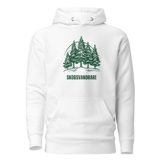 Vit unisex hoodie med ett grönt granmotiv och texten “Skogsvandrare” tryckt på framsidan.
White unisex hoodie with a green pine tree design and the text “Skogsvandrare” printed on the front.