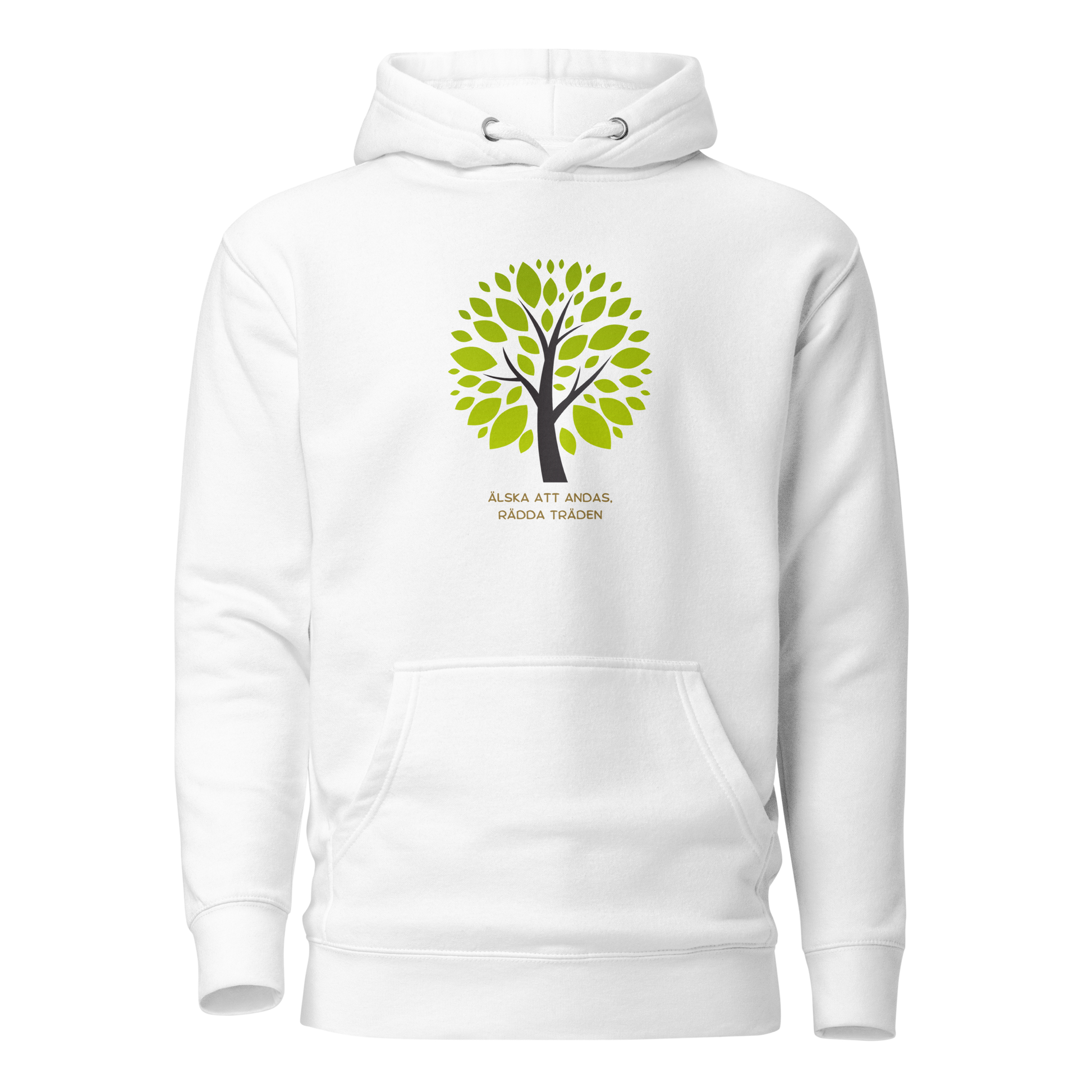 Vit unisex hoodie med stiliserat träd i gröna nyanser och texten “Älska att andas. Rädda träden.” tryckt på framsidan.
White unisex hoodie with a stylized green tree and the text “Love to breathe. Save the trees.” printed on the front.