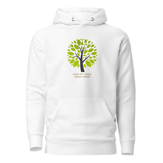 Vit unisex hoodie med stiliserat träd i gröna nyanser och texten “Älska att andas. Rädda träden.” tryckt på framsidan.
White unisex hoodie with a stylized green tree and the text “Love to breathe. Save the trees.” printed on the front.