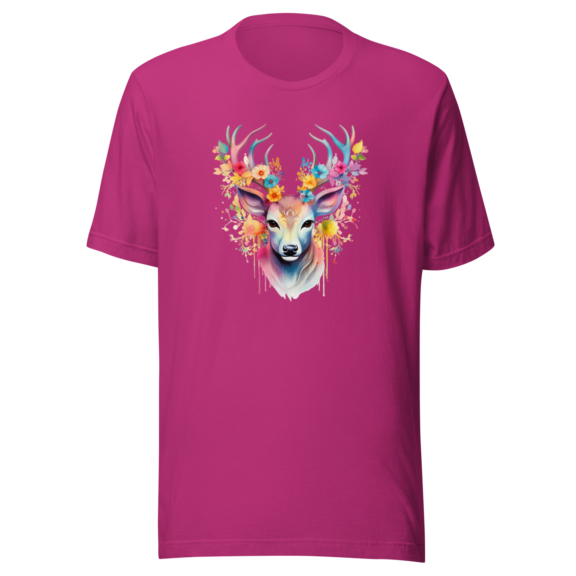 Hallonrosa unisex t-shirt med ett färgglatt tryck av en hjort med blommor i hornen tryckt på framsidan.
Berry unisex t-shirt with a colorful print of a deer with flowers in its antlers printed on the front.