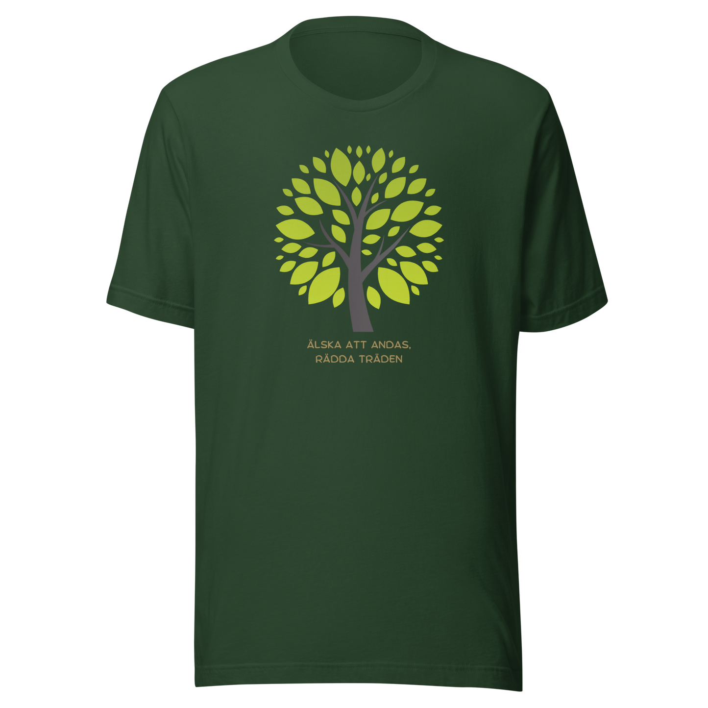 Skogsgrön unisex t-shirt med ett grönt träd och texten “Älska att andas. Rädda träden.” tryckt på framsidan.
Forest unisex t-shirt with a green tree and the text “Love to breathe. Save the trees.” printed on the front.