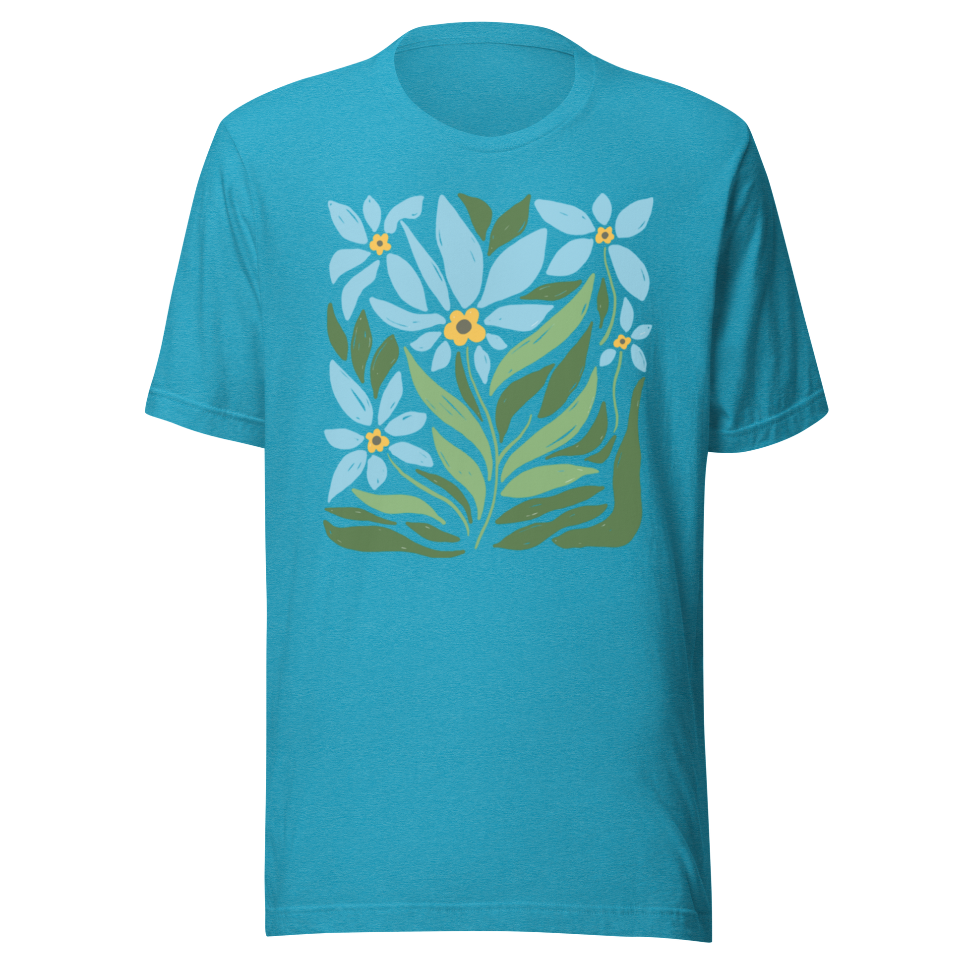 Melerad aqua unisex t-shirt med ett stiliserat motiv av blå blommor och gröna blad tryckt på framsidan.
Heather aqua unisex t-shirt with a stylized design of blue flowers and green leaves printed on the front.