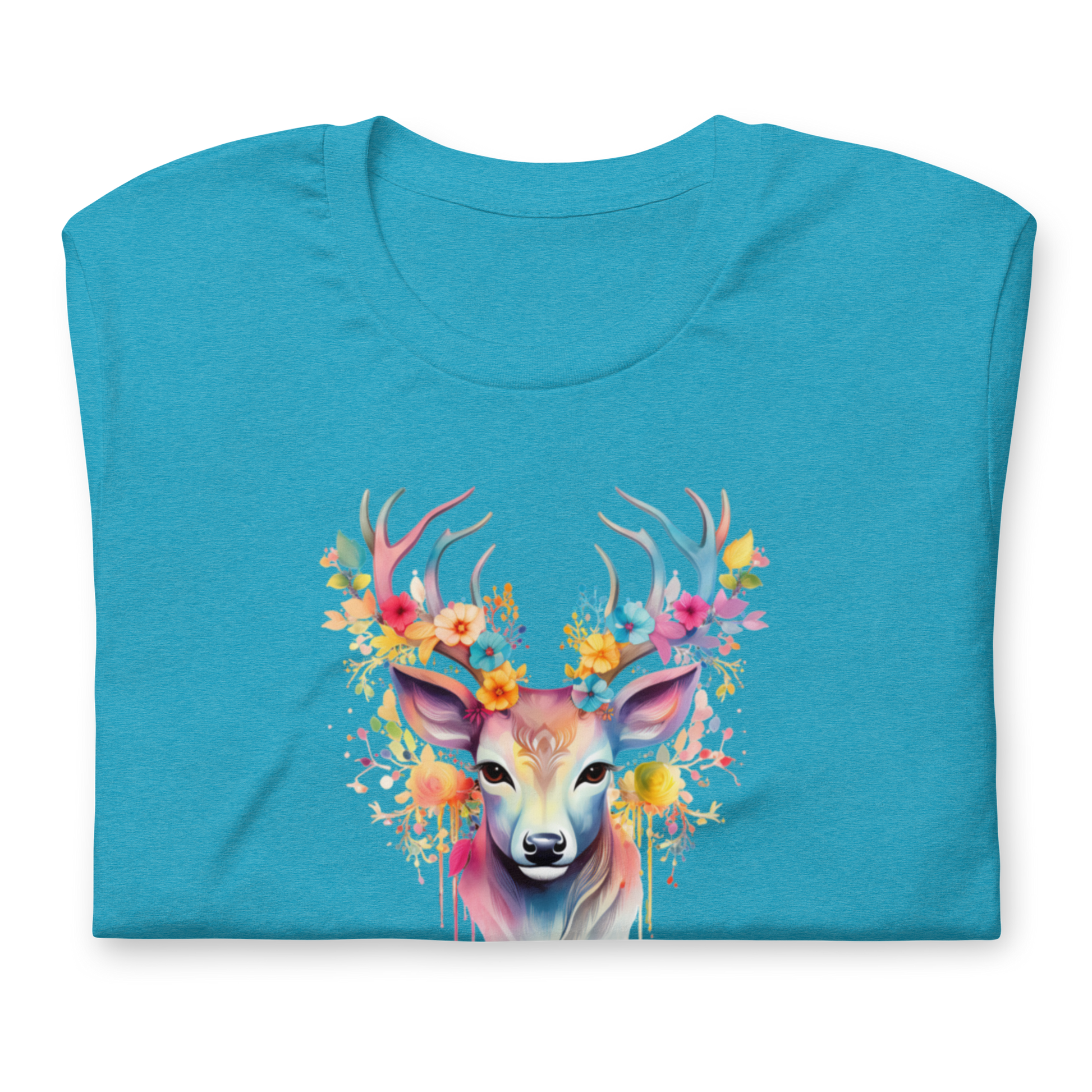 Melerad aqua unisex t-shirt med ett färgglatt tryck av en hjort med blommor i hornen tryckt på framsidan.
Heather aqua unisex t-shirt with a colorful print of a deer with flowers in its antlers printed on the front.