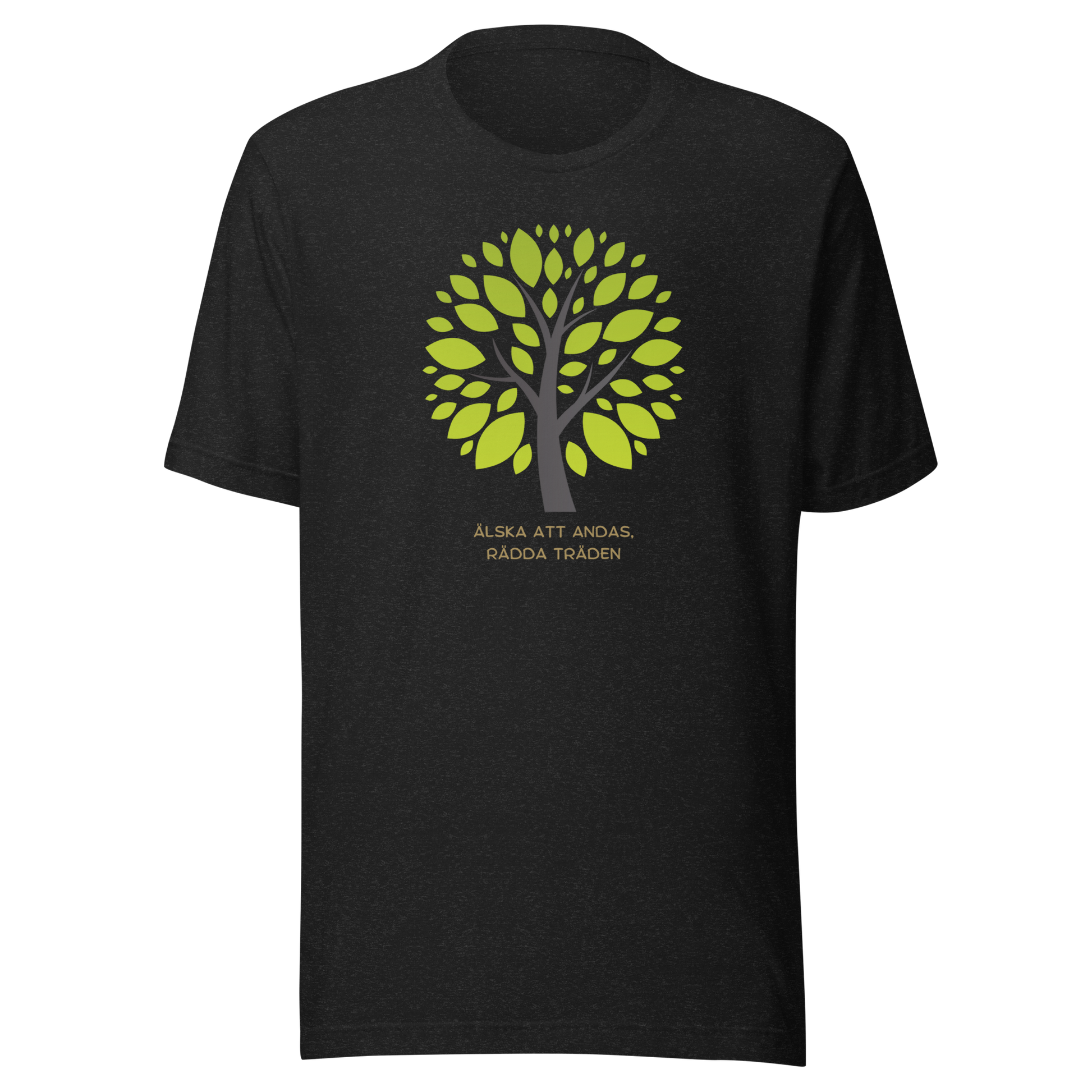 Melerad svart unisex t-shirt med ett grönt träd och texten “Älska att andas. Rädda träden.” tryckt på framsidan.
Black heather unisex t-shirt with a green tree and the text “Love to breathe. Save the trees.” printed on the front.