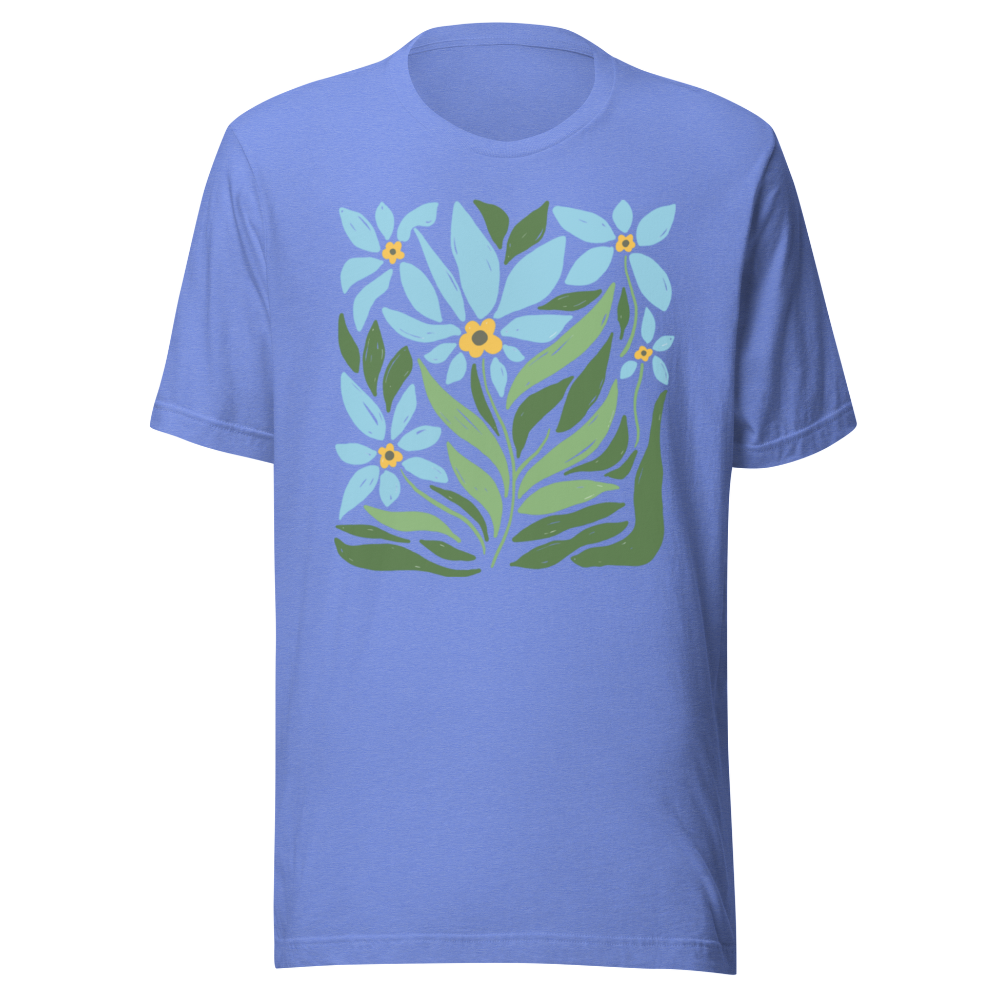 Melerad columbiablå unisex t-shirt med ett stiliserat motiv av blå blommor och gröna blad tryckt på framsidan.
Heather columbia blue unisex t-shirt with a stylized design of blue flowers and green leaves printed on the front.