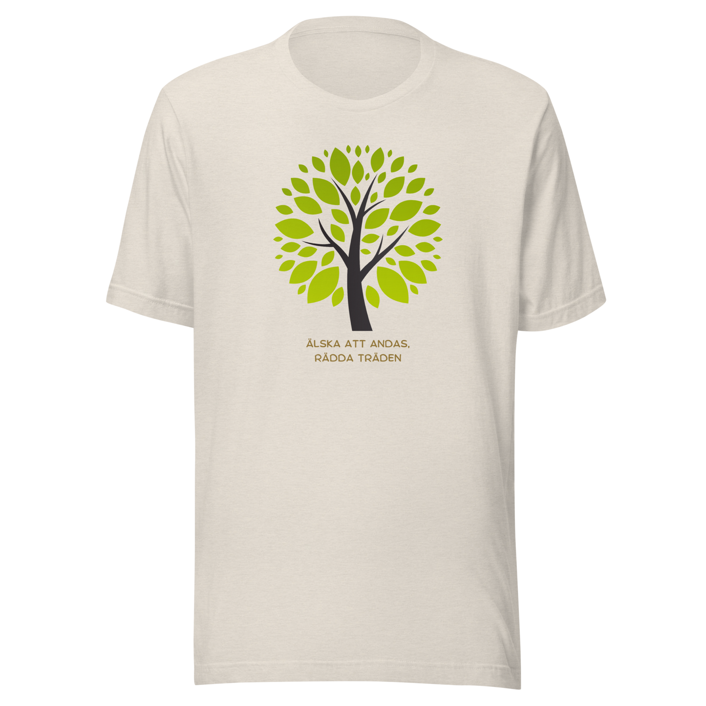Melerad sand unisex t-shirt med ett grönt träd och texten “Älska att andas. Rädda träden.” tryckt på framsidan.
Heather dust unisex t-shirt with a green tree and the text “Love to breathe. Save the trees.” printed on the front.