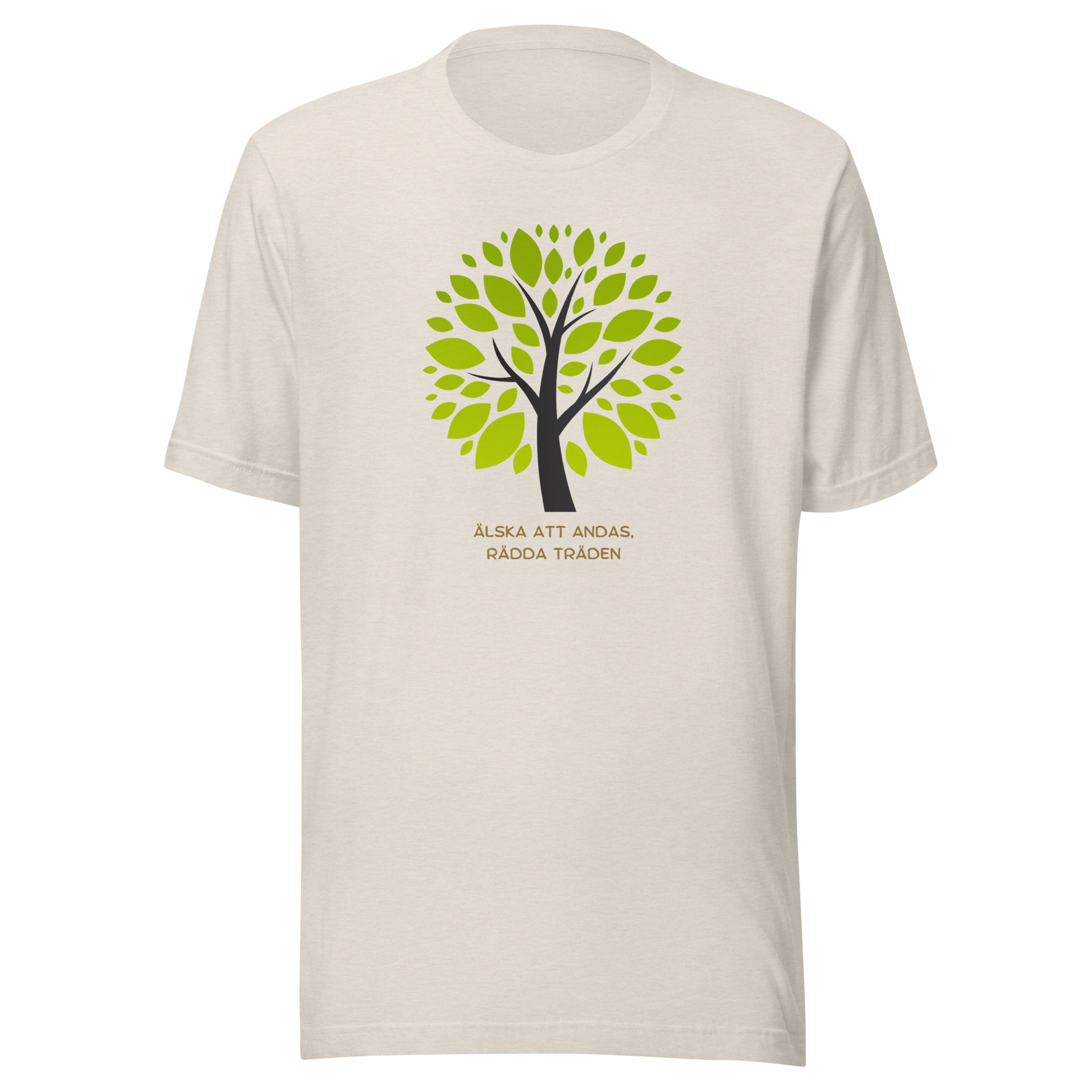 Melerad sand unisex t-shirt med ett grönt träd och texten “Älska att andas. Rädda träden.” tryckt på framsidan.
Heather dust unisex t-shirt with a green tree and the text “Love to breathe. Save the trees.” printed on the front.