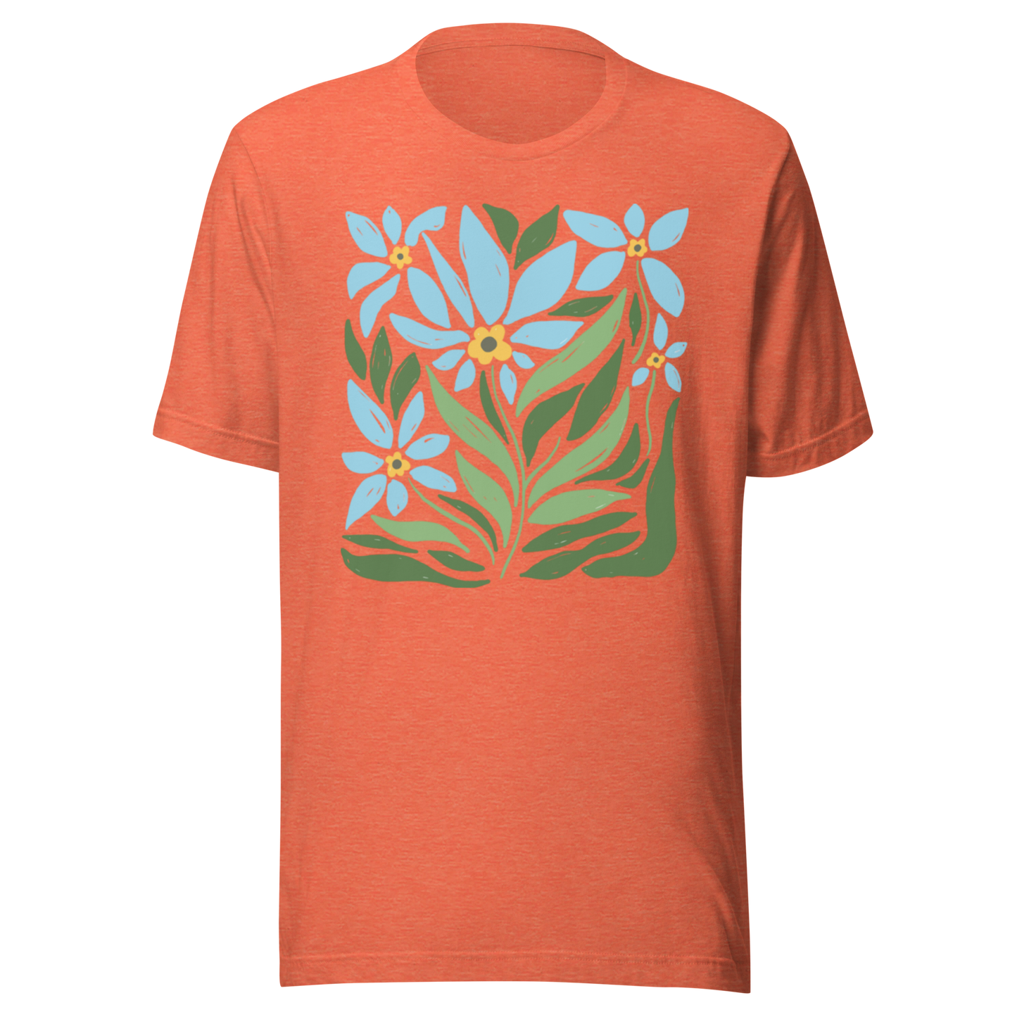 Melerad orange unisex t-shirt med ett stiliserat motiv av blå blommor och gröna blad tryckt på framsidan.
Heather orange unisex t-shirt with a stylized design of blue flowers and green leaves printed on the front.