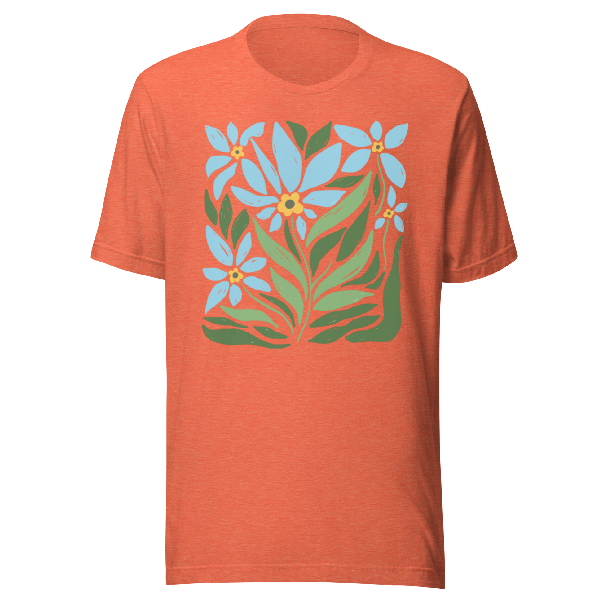 Melerad orange unisex t-shirt med ett stiliserat motiv av blå blommor och gröna blad tryckt på framsidan.
Heather orange unisex t-shirt with a stylized design of blue flowers and green leaves printed on the front.