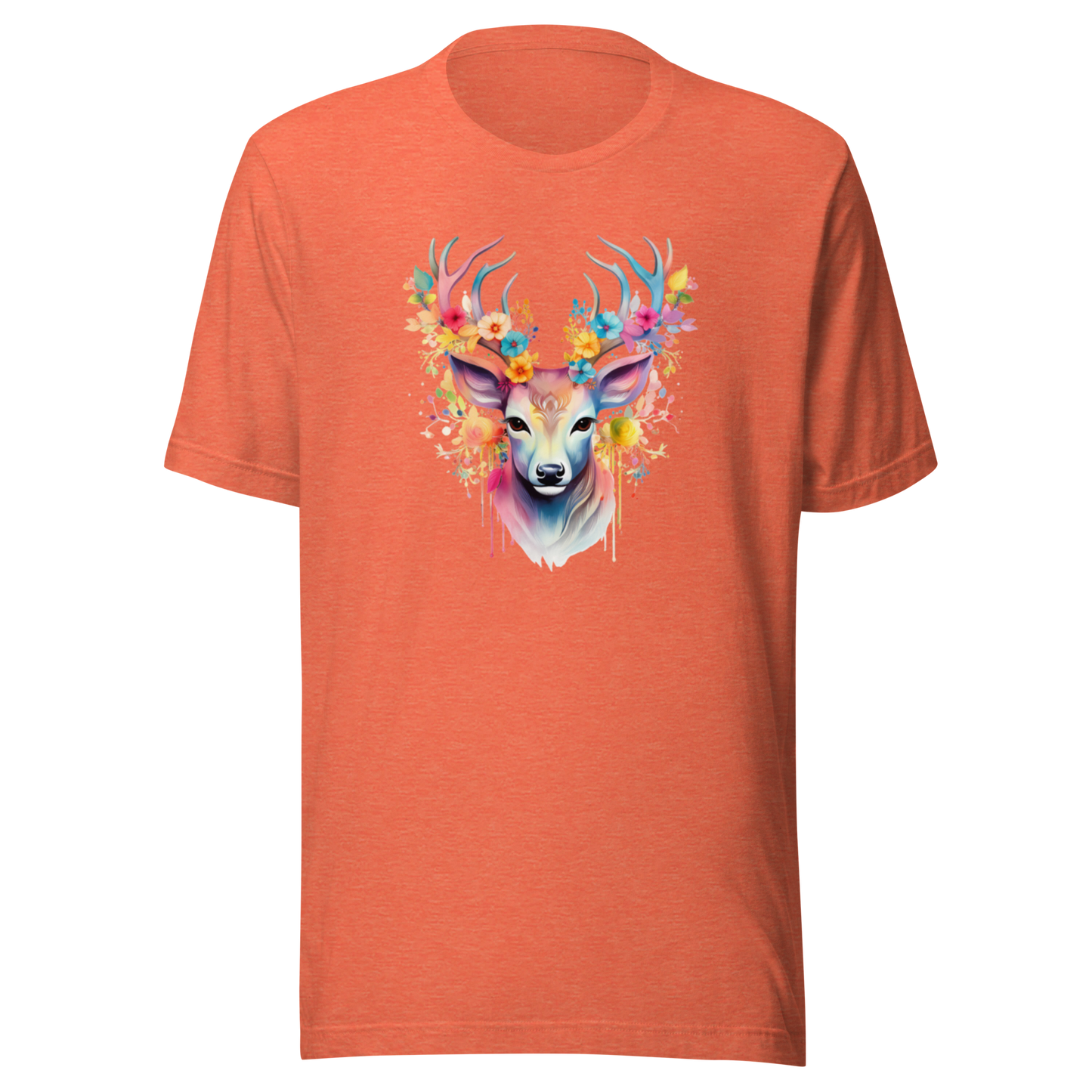 Melerad orange unisex t-shirt med ett färgglatt tryck av en hjort med blommor i hornen tryckt på framsidan.
Heather orange unisex t-shirt with a colorful print of a deer with flowers in its antlers printed on the front.
