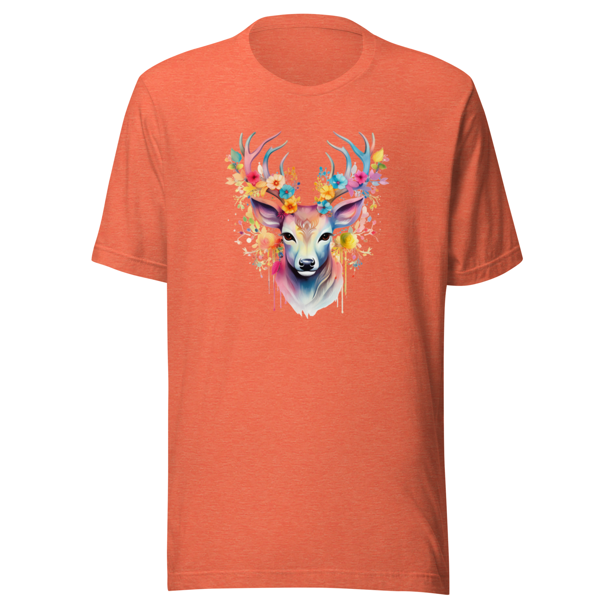 Melerad orange unisex t-shirt med ett färgglatt tryck av en hjort med blommor i hornen tryckt på framsidan.
Heather orange unisex t-shirt with a colorful print of a deer with flowers in its antlers printed on the front.