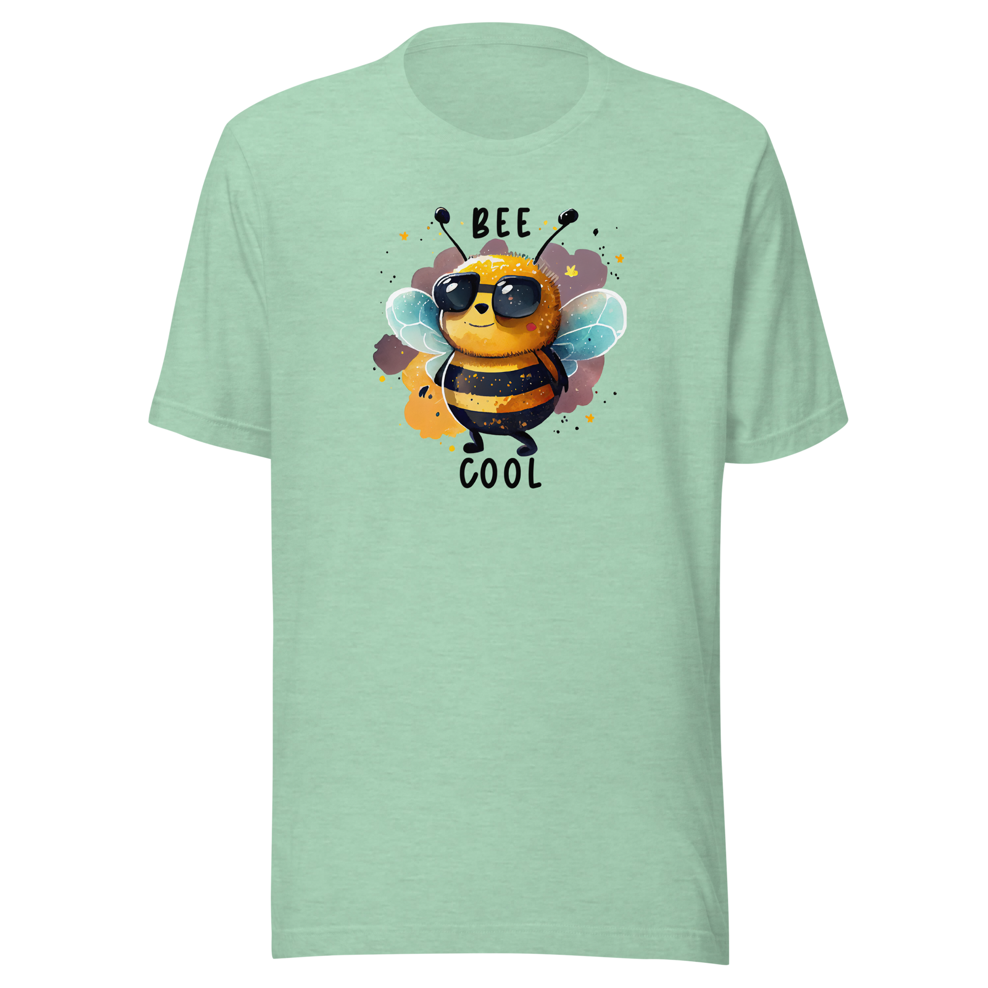 Melerad mintgrön unisex t-shirt med en tecknad bi i solglasögon och texten “Bee Cool” tryckt på framsidan.
Heather prism mint unisex t-shirt with a cartoon bee in sunglasses and the text “Bee Cool” printed on the front.