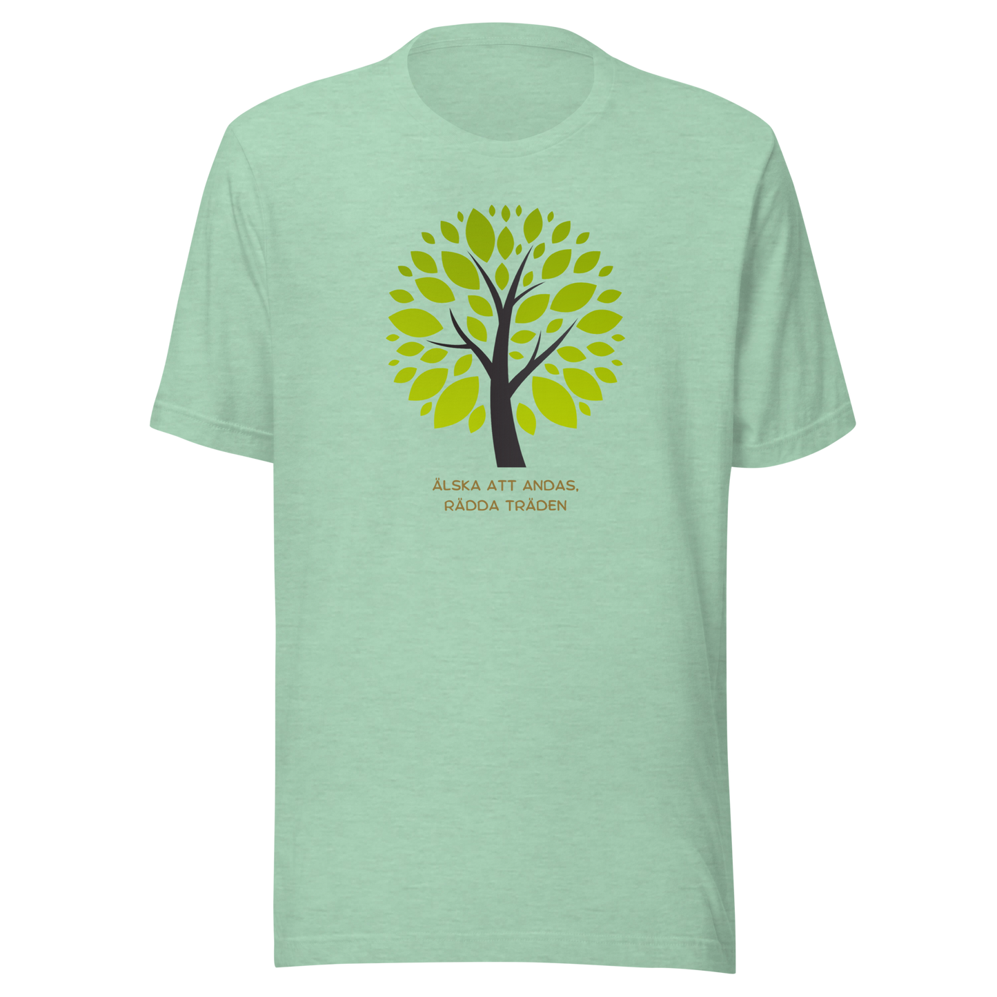 Melerad mintgrön unisex t-shirt med ett grönt träd och texten “Älska att andas. Rädda träden.” tryckt på framsidan.
Heather prism mint unisex t-shirt with a green tree and the text “Love to breathe. Save the trees.” printed on the front.