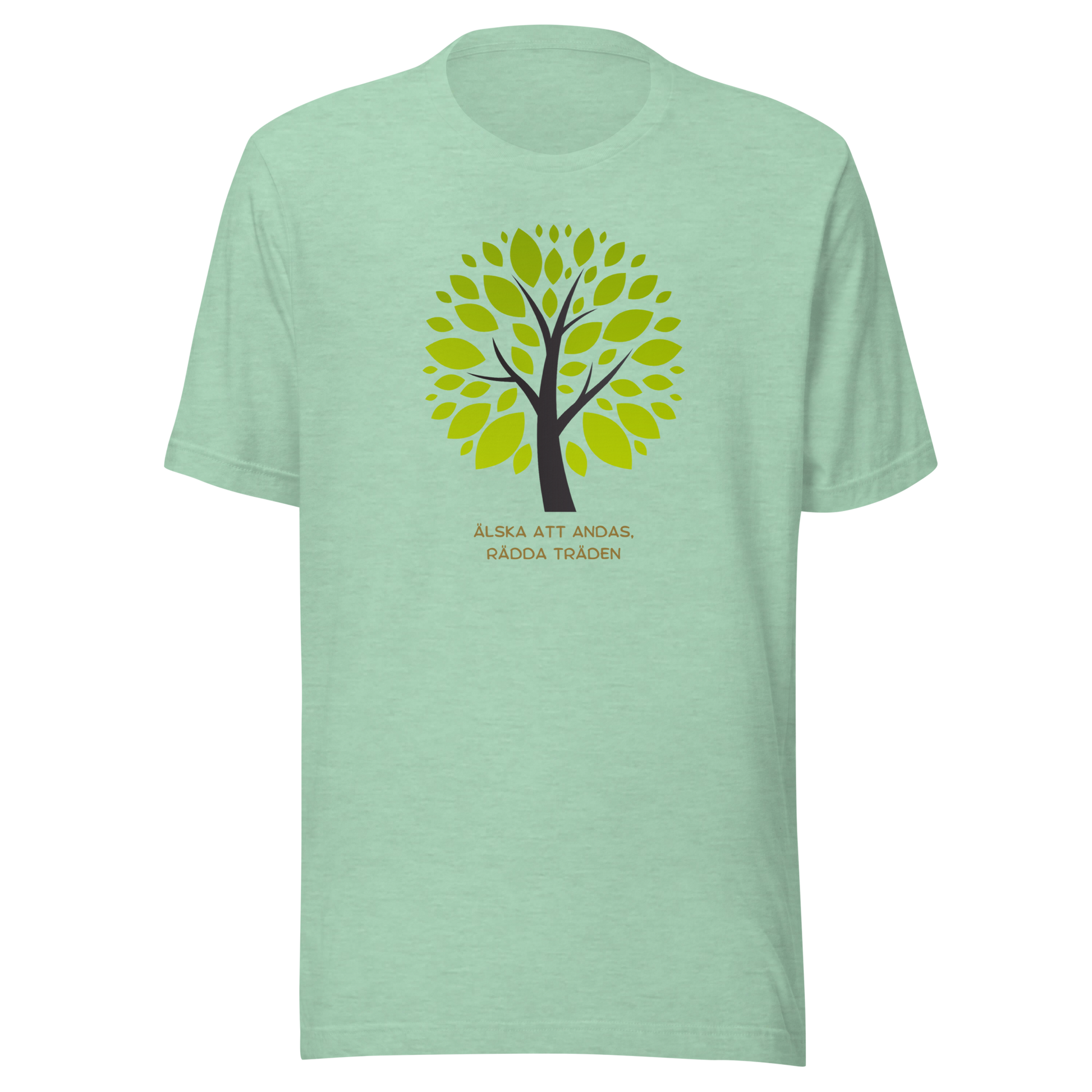 Melerad mintgrön unisex t-shirt med ett grönt träd och texten “Älska att andas. Rädda träden.” tryckt på framsidan.
Heather prism mint unisex t-shirt with a green tree and the text “Love to breathe. Save the trees.” printed on the front.