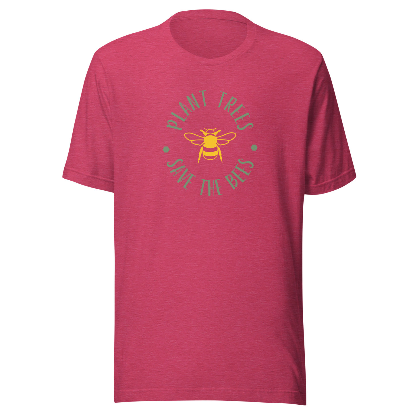 Melerad hallonrosa unisex t-shirt med ett gult bimotiv och texten “Plant Trees, Save the Bees” tryckt på framsidan.
Heather raspberry unisex t-shirt with a yellow bee and the text “Plant Trees, Save the Bees” printed on the front.