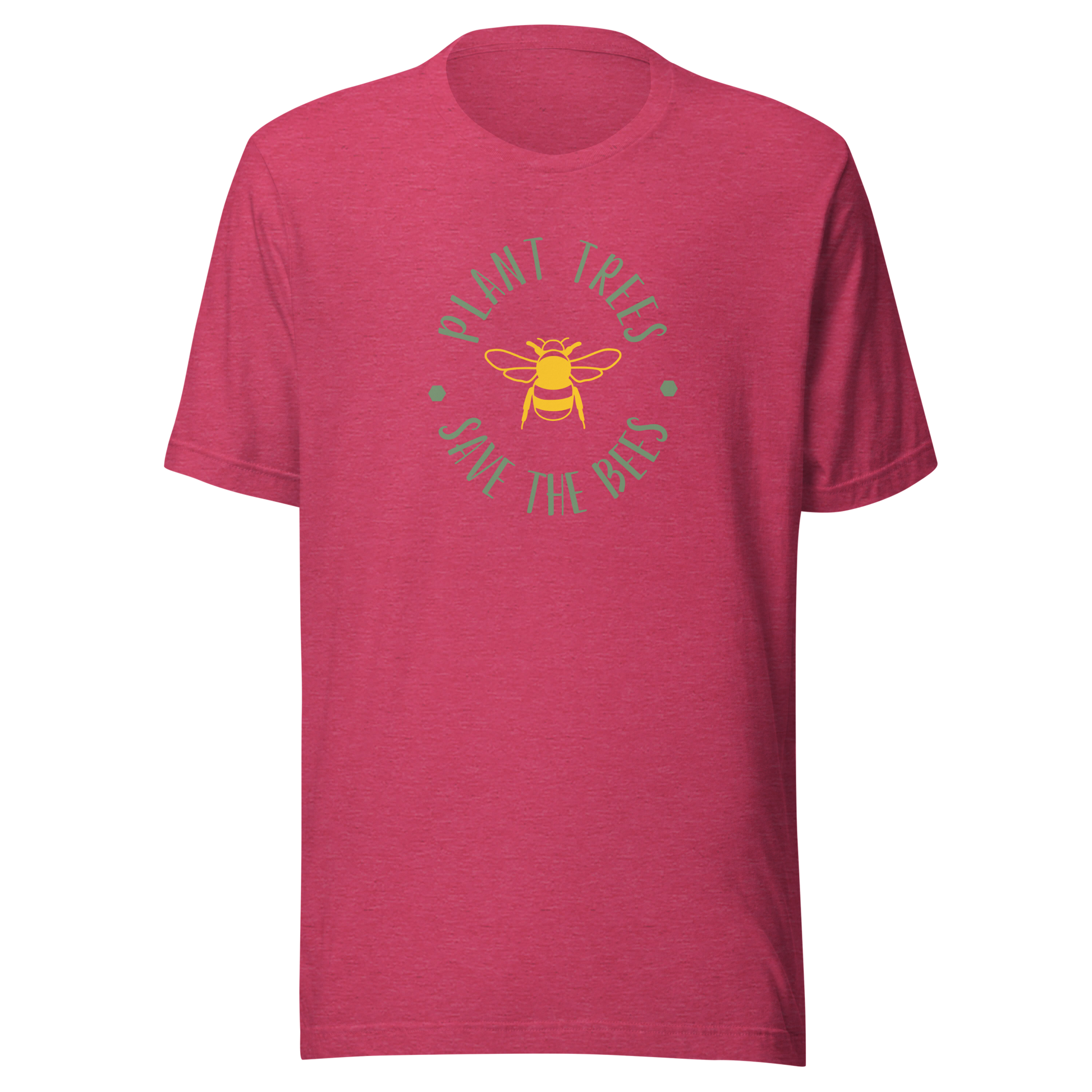 Melerad hallonrosa unisex t-shirt med ett gult bimotiv och texten “Plant Trees, Save the Bees” tryckt på framsidan.
Heather raspberry unisex t-shirt with a yellow bee and the text “Plant Trees, Save the Bees” printed on the front.