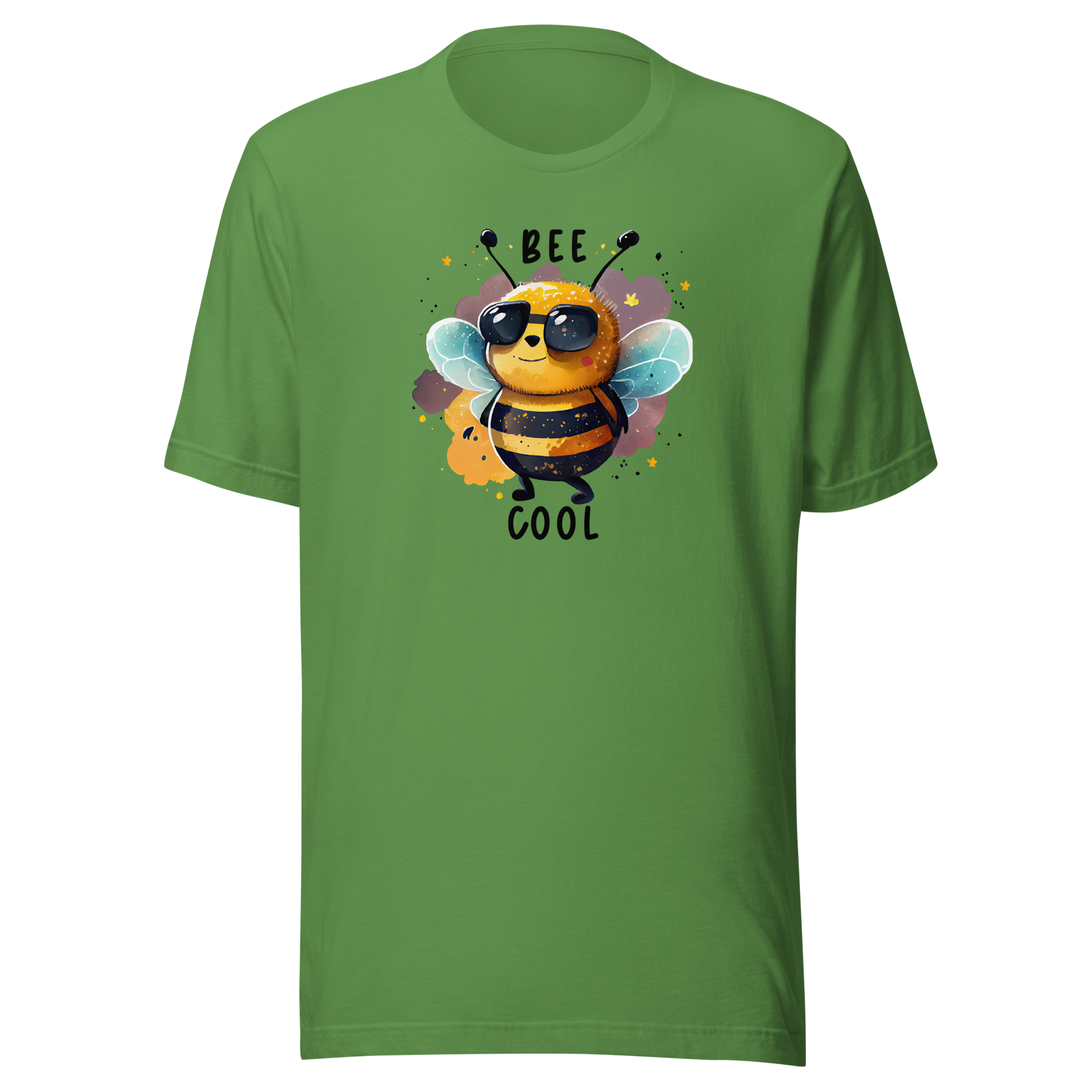 Grön unisex t-shirt med en tecknad bi i solglasögon och texten “Bee Cool” tryckt på framsidan.
Leaf unisex t-shirt with a cartoon bee in sunglasses and the text “Bee Cool” printed on the front.