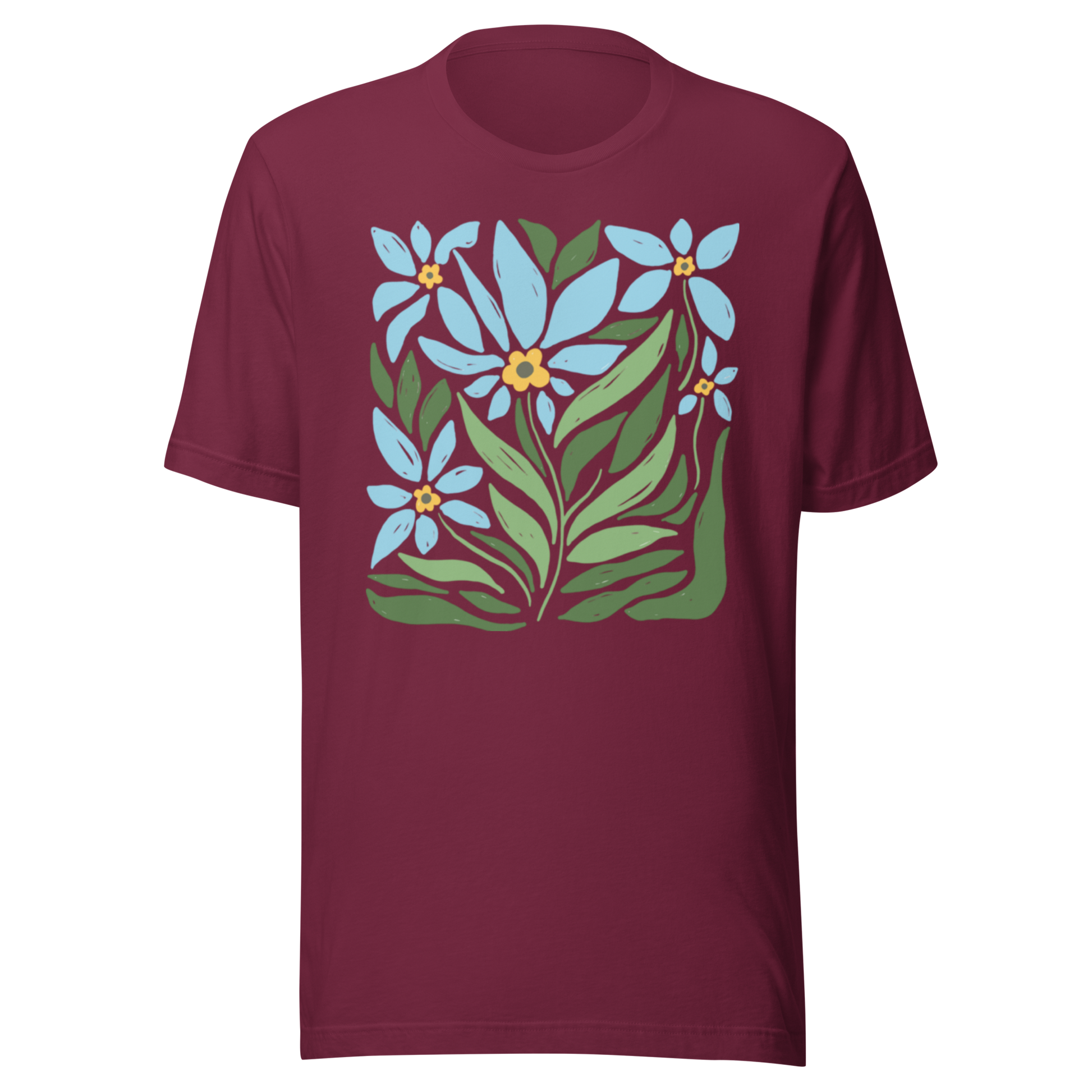 Vinröd unisex t-shirt med ett stiliserat motiv av blå blommor och gröna blad tryckt på framsidan.
Maroon unisex t-shirt with a stylized design of blue flowers and green leaves printed on the front.