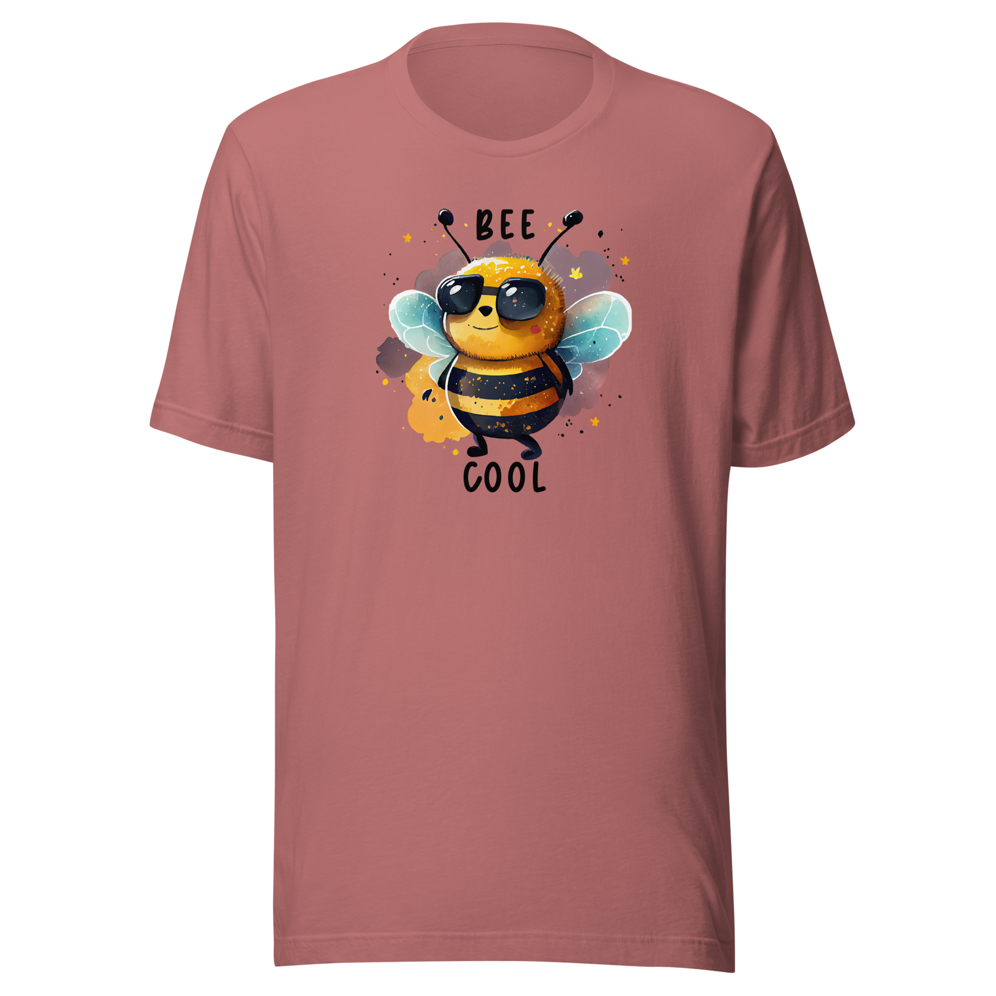 Mauve unisex t-shirt med en tecknad bi i solglasögon och texten “Bee Cool” tryckt på framsidan.
Mauve unisex t-shirt with a cartoon bee in sunglasses and the text “Bee Cool” printed on the front.