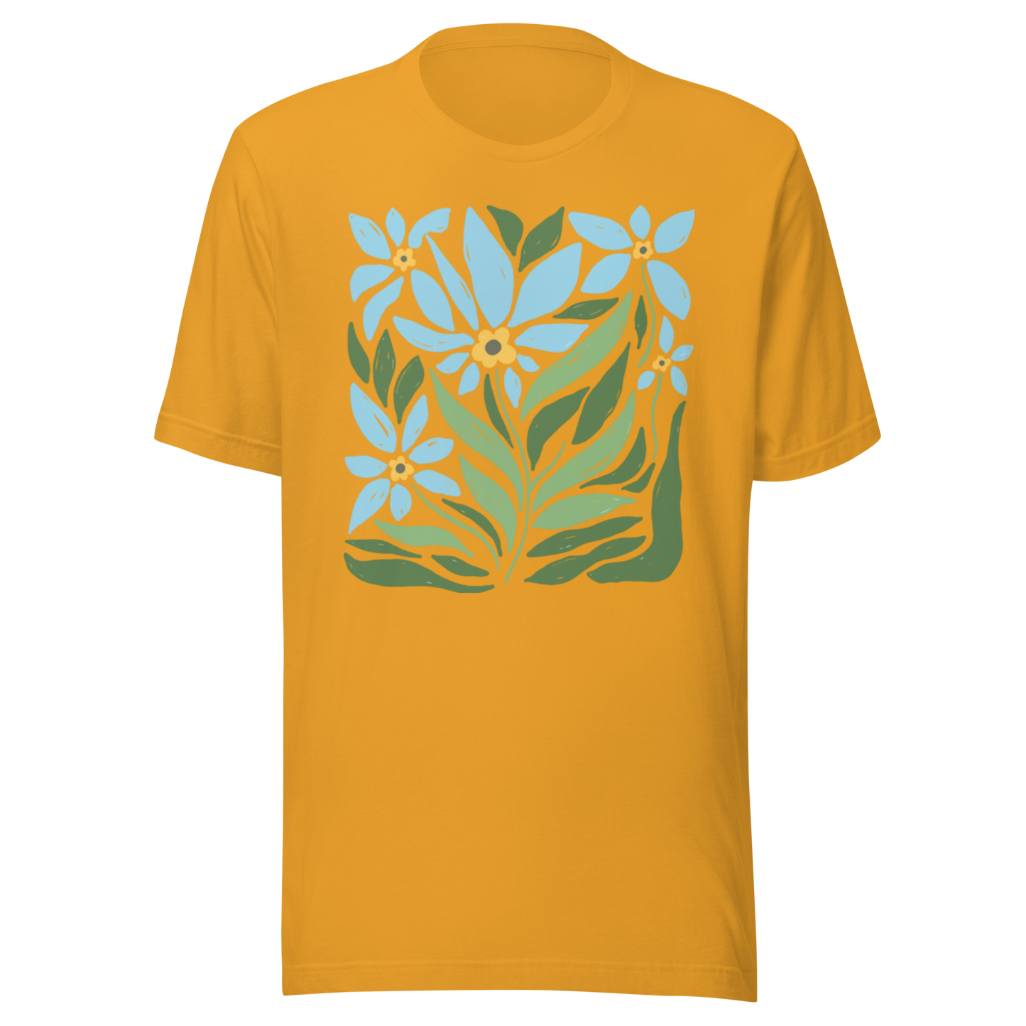 Senapsgul unisex t-shirt med ett stiliserat motiv av blå blommor och gröna blad tryckt på framsidan.
Mustard unisex t-shirt with a stylized design of blue flowers and green leaves printed on the front.
