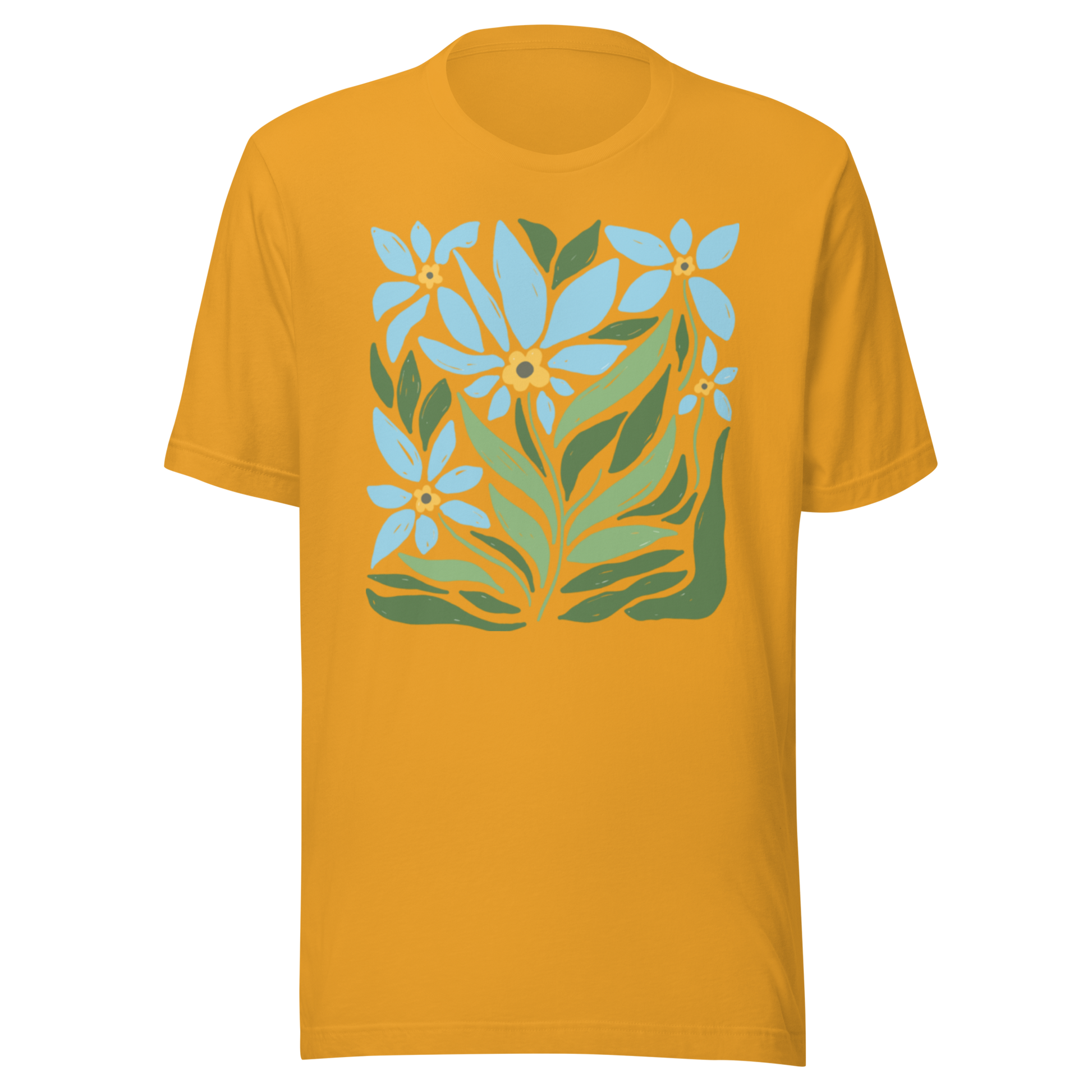 Senapsgul unisex t-shirt med ett stiliserat motiv av blå blommor och gröna blad tryckt på framsidan.
Mustard unisex t-shirt with a stylized design of blue flowers and green leaves printed on the front.