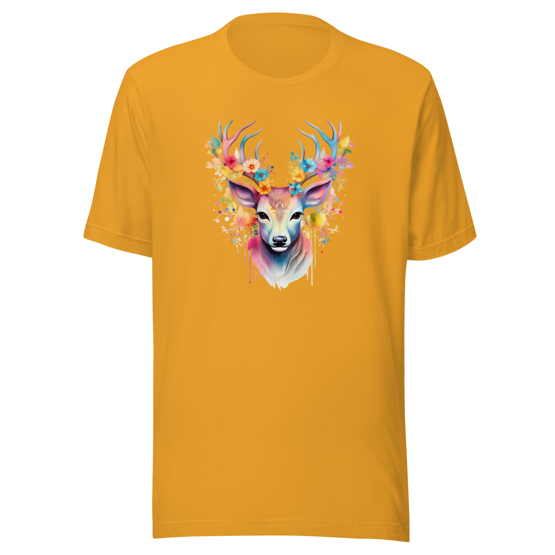 Senapsgul unisex t-shirt med ett färgglatt tryck av en hjort med blommor i hornen tryckt på framsidan.
Mustard unisex t-shirt with a colorful print of a deer with flowers in its antlers printed on the front.