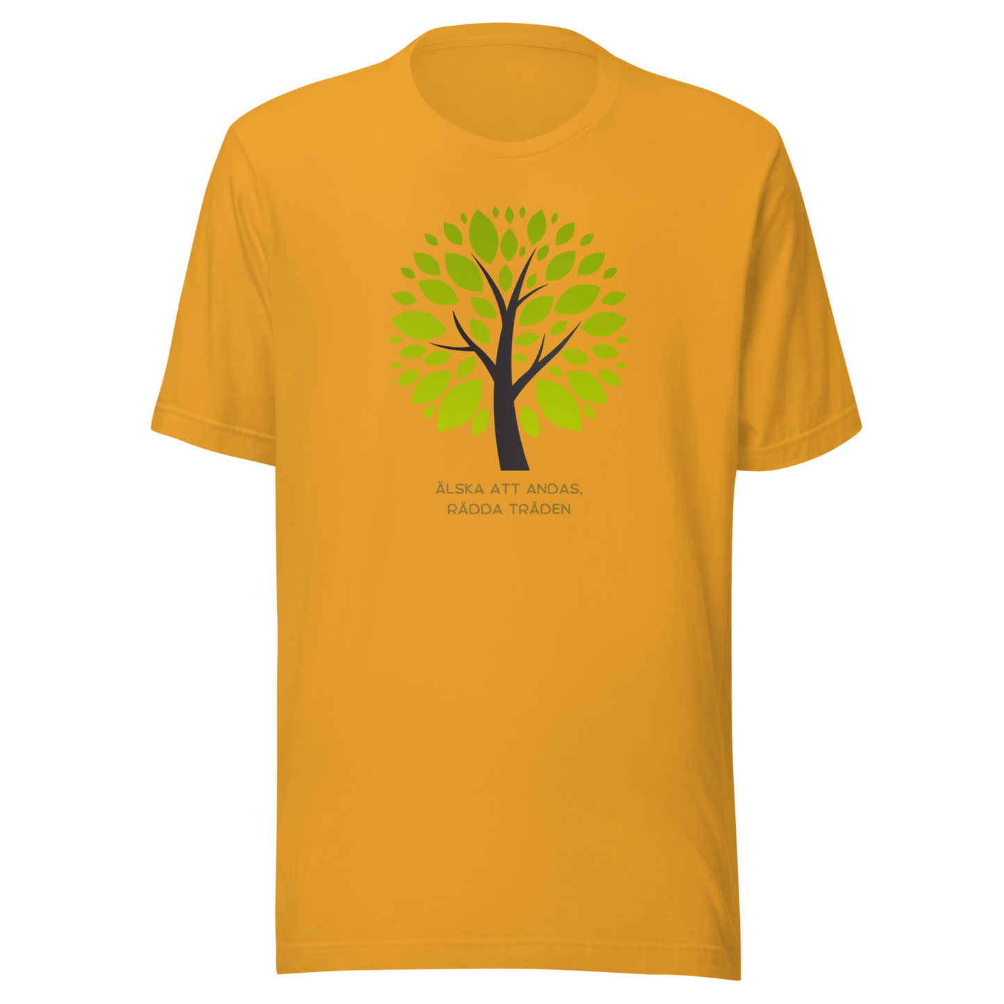 Senapsgul unisex t-shirt med ett grönt träd och texten “Älska att andas. Rädda träden.” tryckt på framsidan.
Mustard unisex t-shirt with a green tree and the text “Love to breathe. Save the trees.” printed on the front.